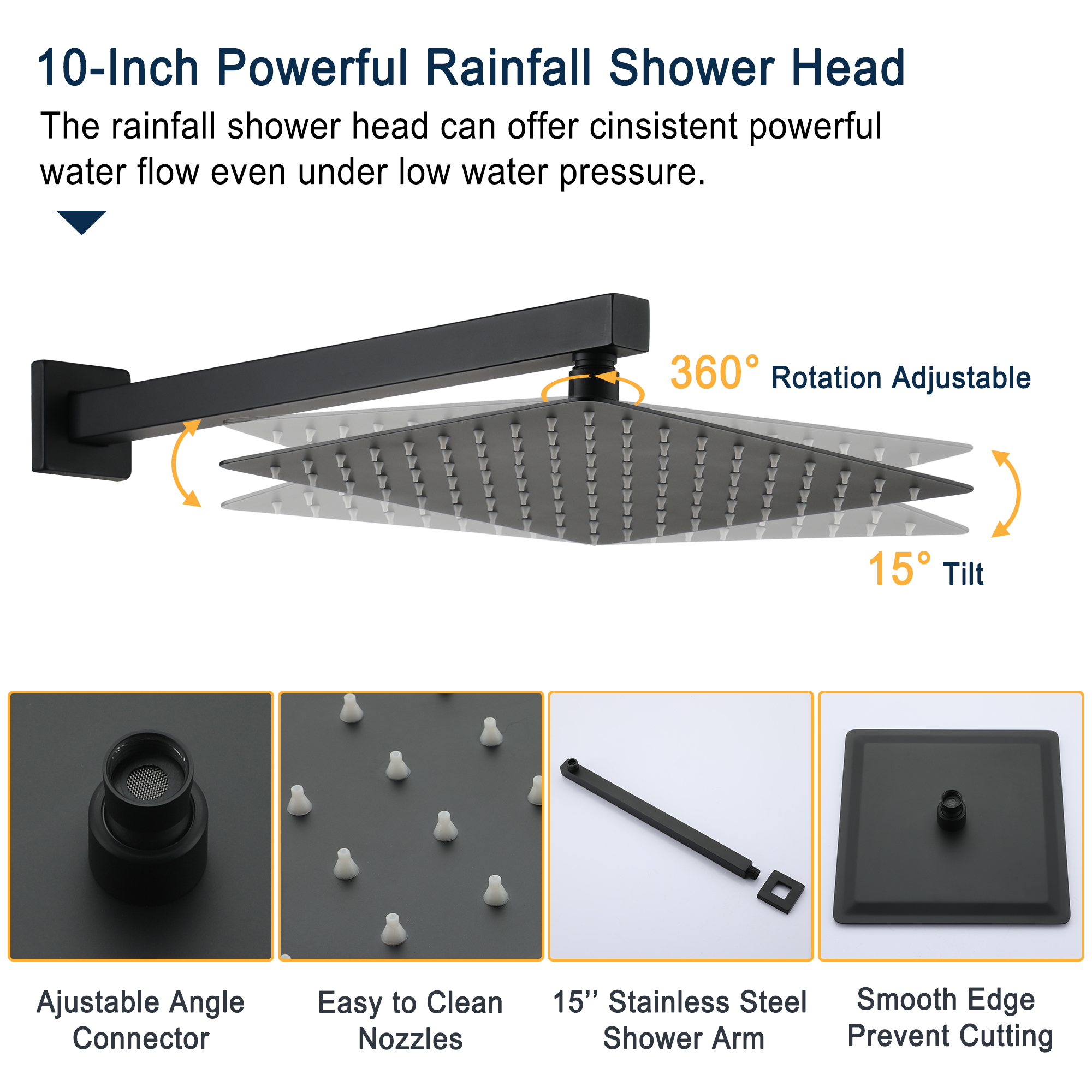 10" Wall-Mounted Shower System with Brass Handheld Spray in Matte Black