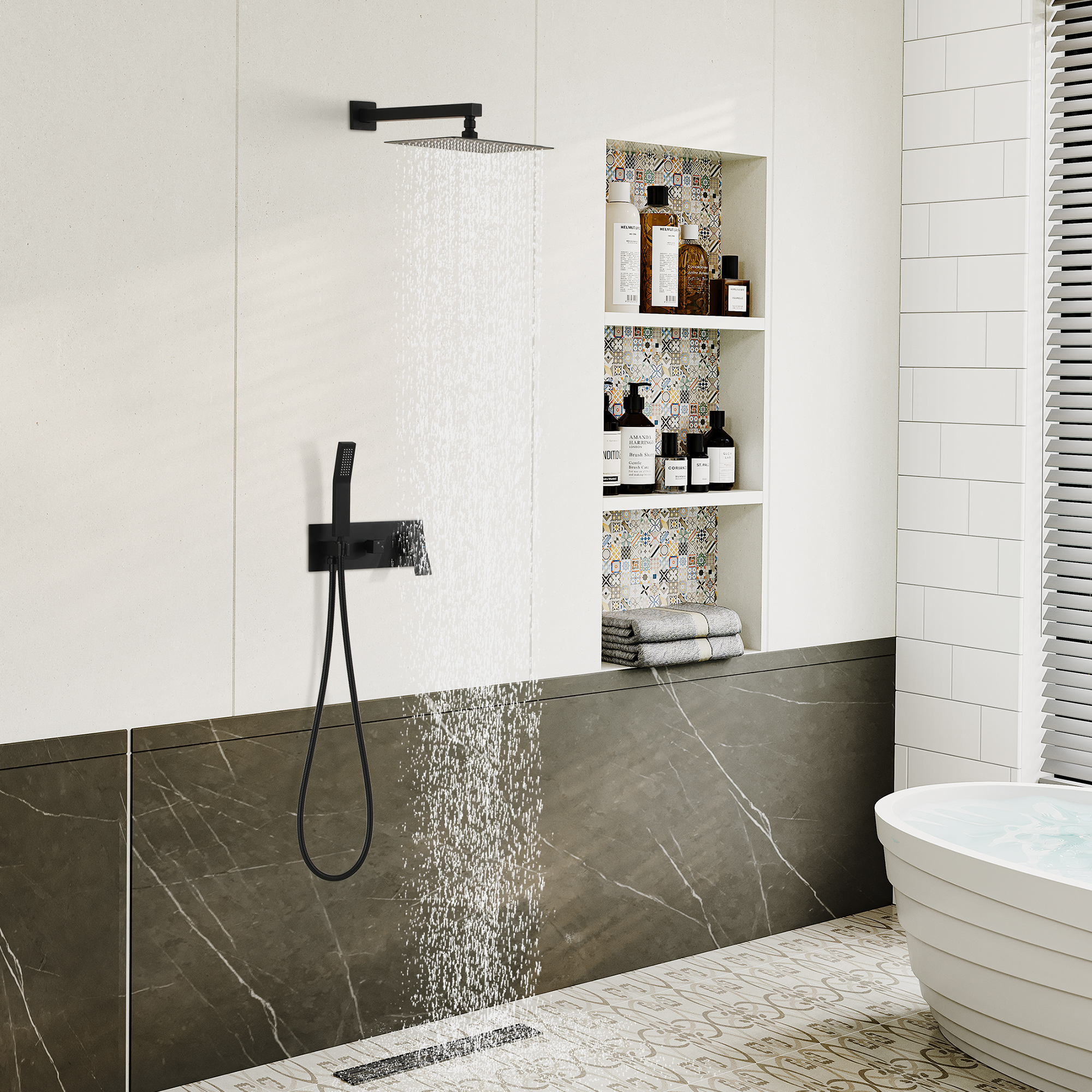 10" Wall-Mounted Shower System with Brass Handheld Spray in Matte Black