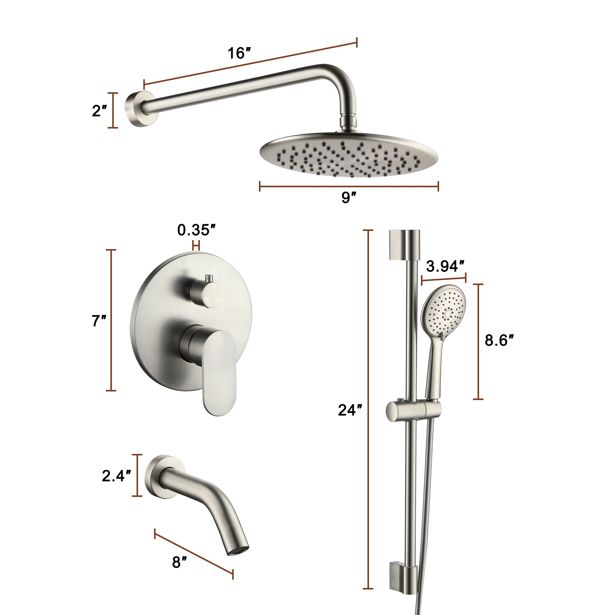 9-inch 3-Function Shower Faucet Set with Tub Spout & Slide Bar