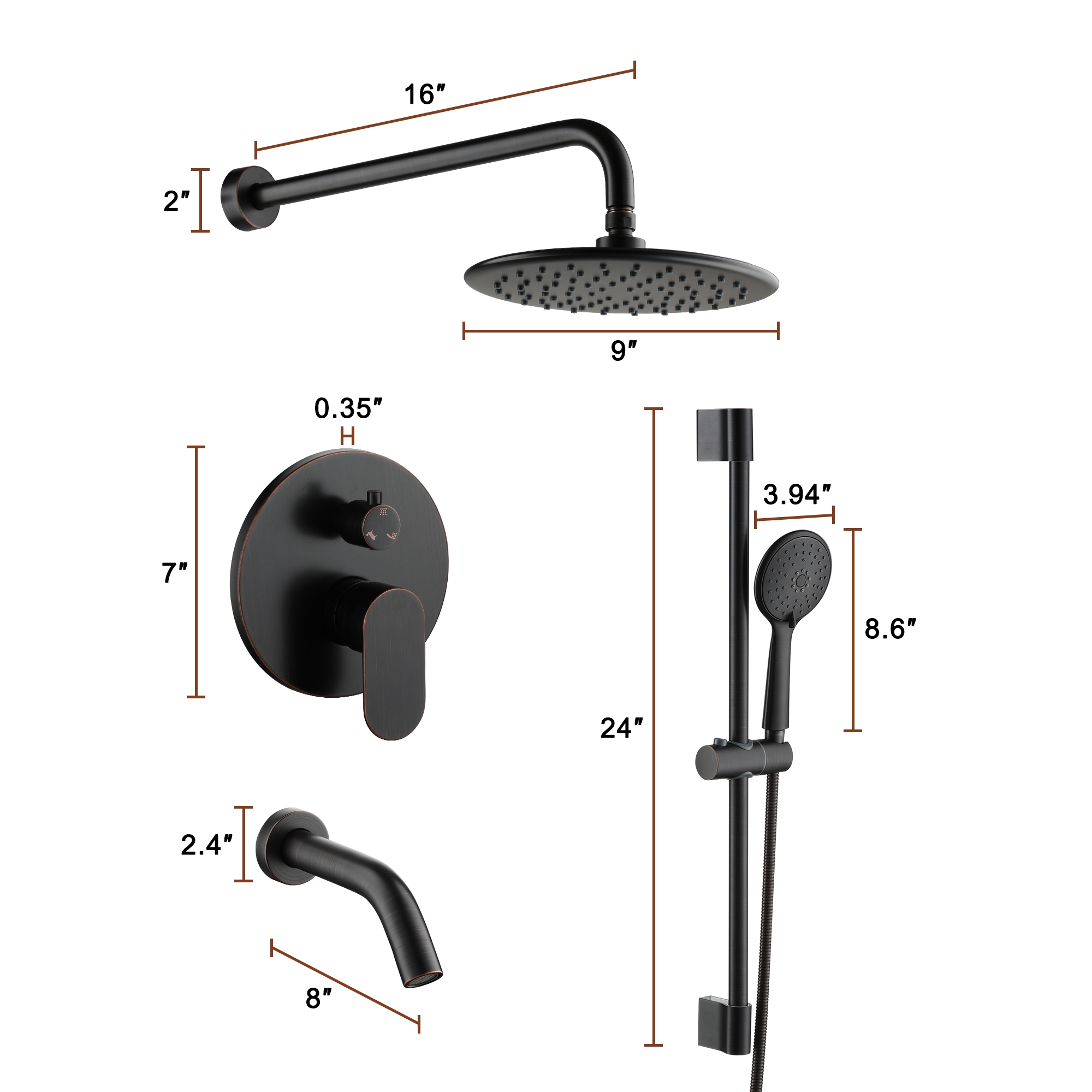 9-inch 3-Function Shower Faucet Set with Tub Spout & Slide Bar