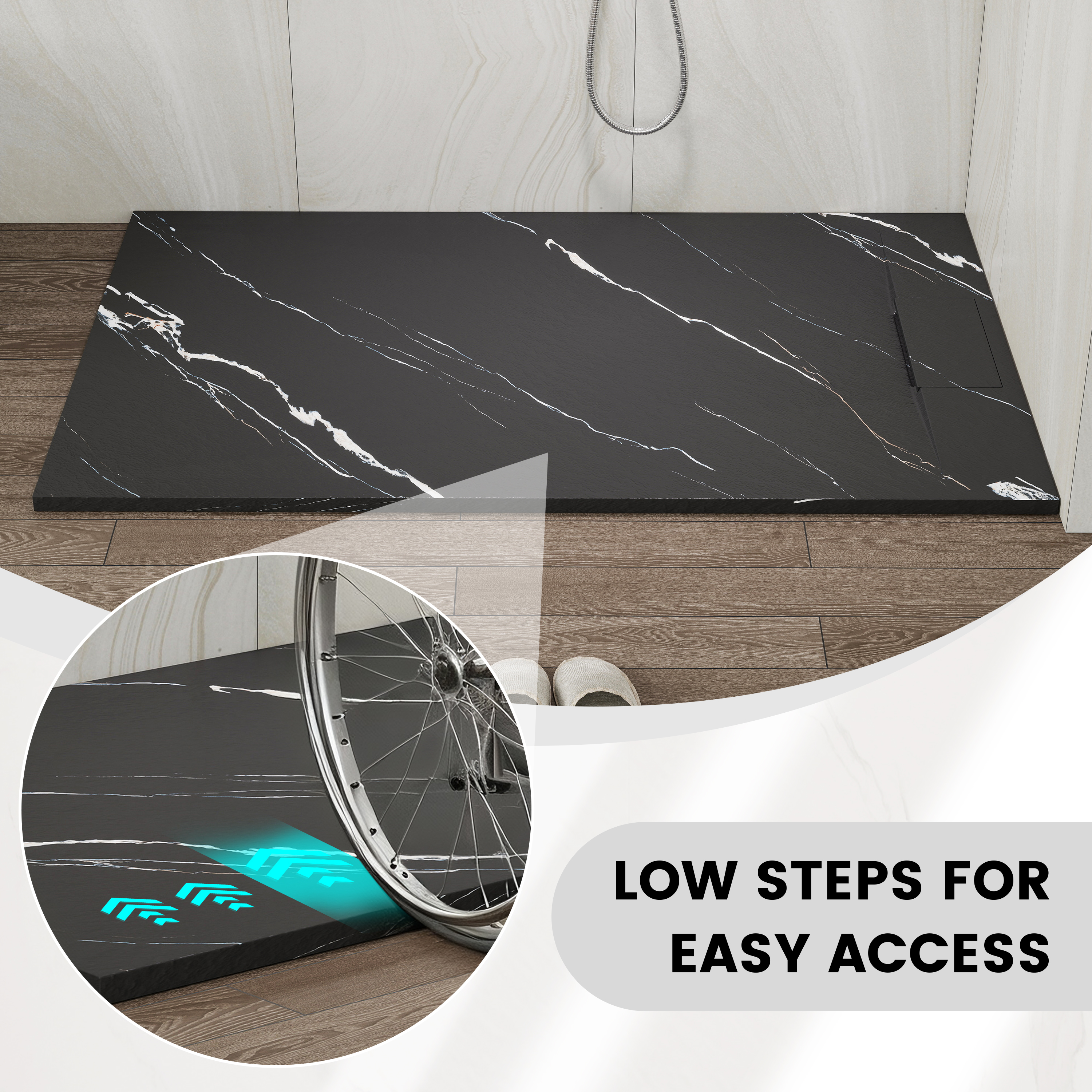 European-Style SMC Shower Base with Low-Entry & Wheelchair Accessible