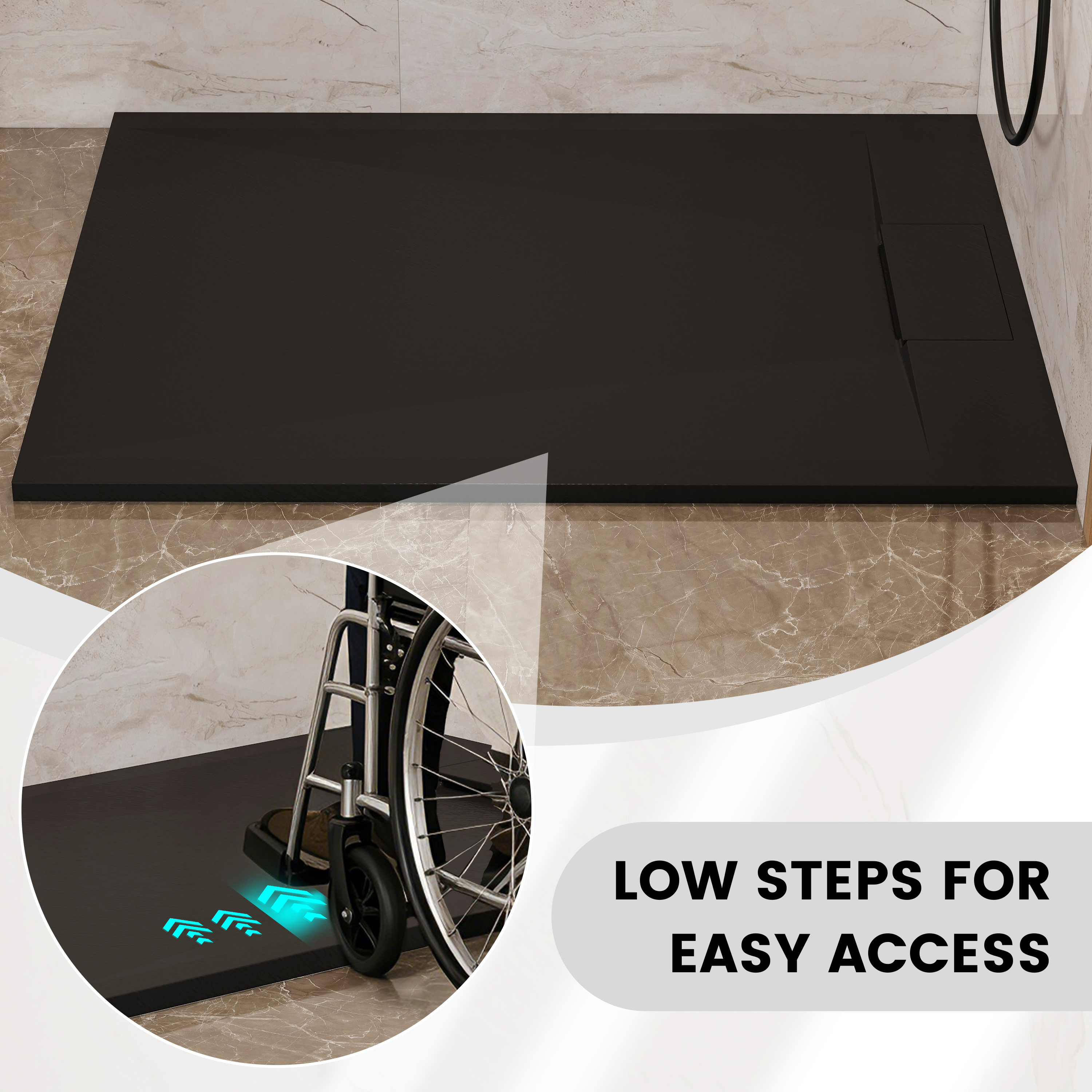 European-Style SMC Shower Base with Anti-Slip Design in Black or White