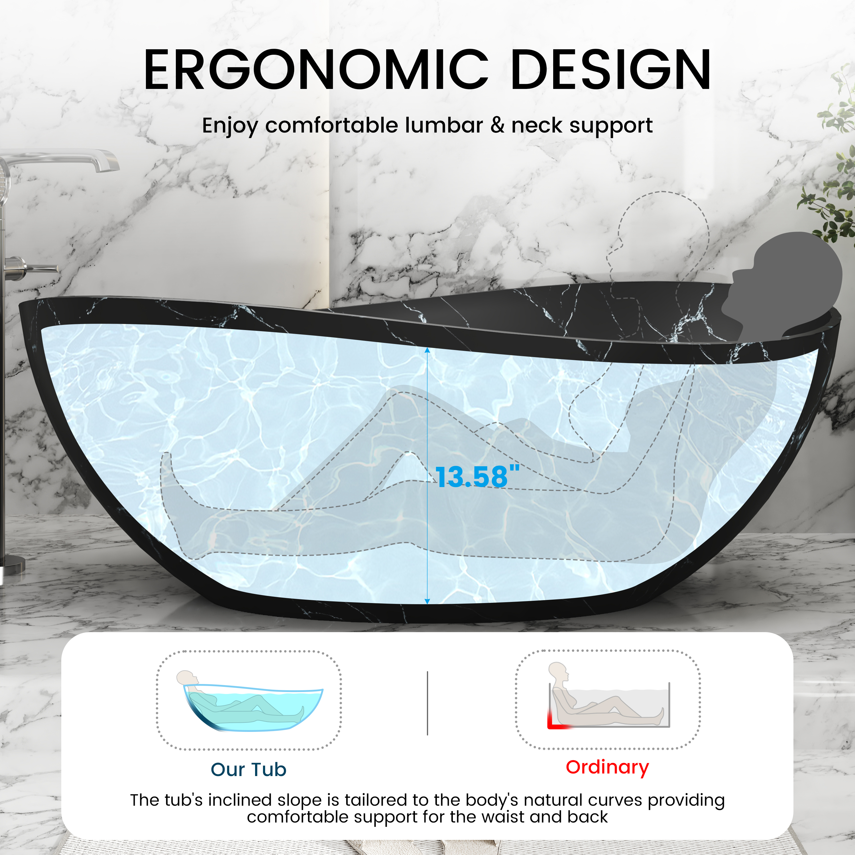 63" Artistic Marble Sculptural Solid Surface Freestanding Soaking Bathtub