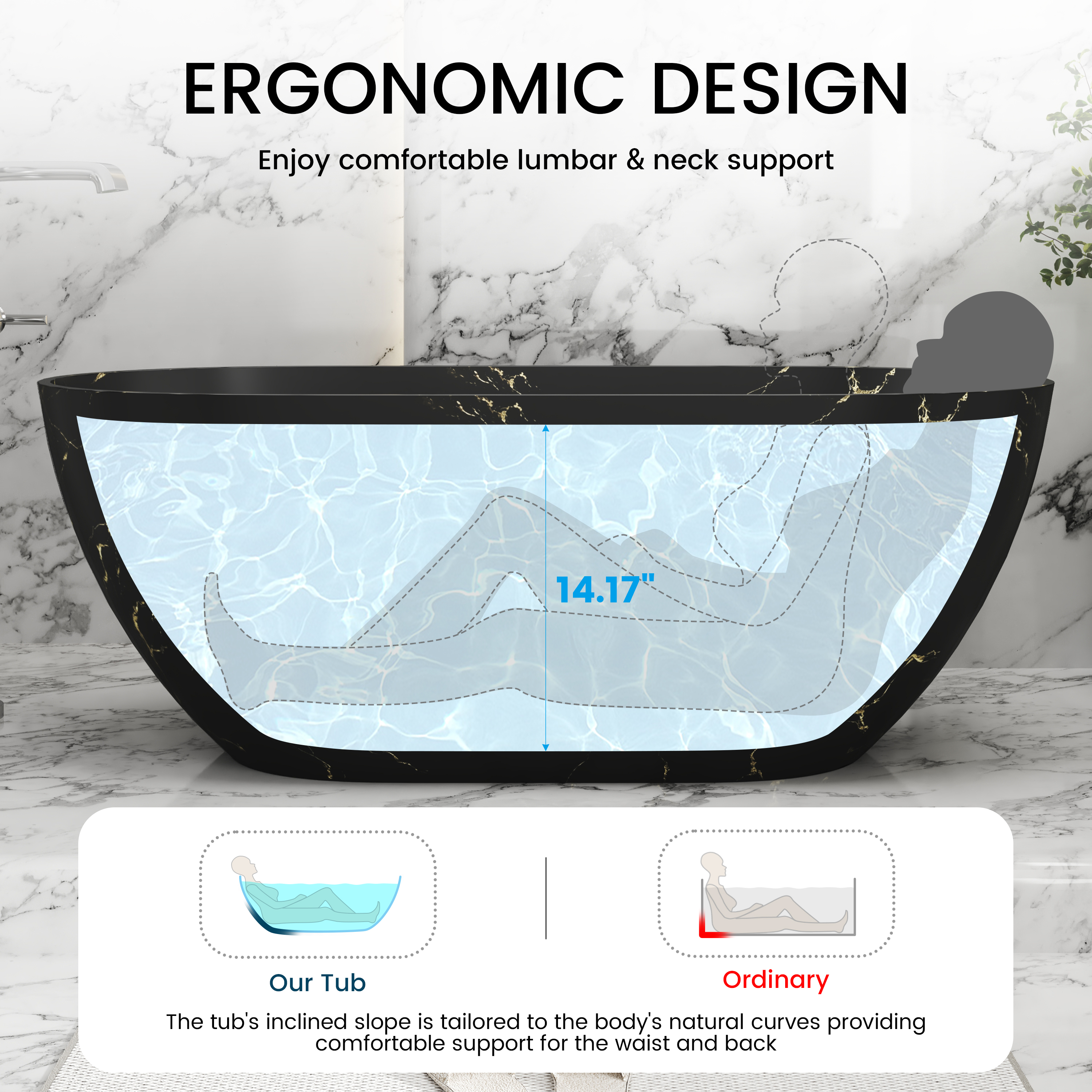 59" Oval Solid Surface Freestanding Bathtub with Black & Gold Star River Pattern