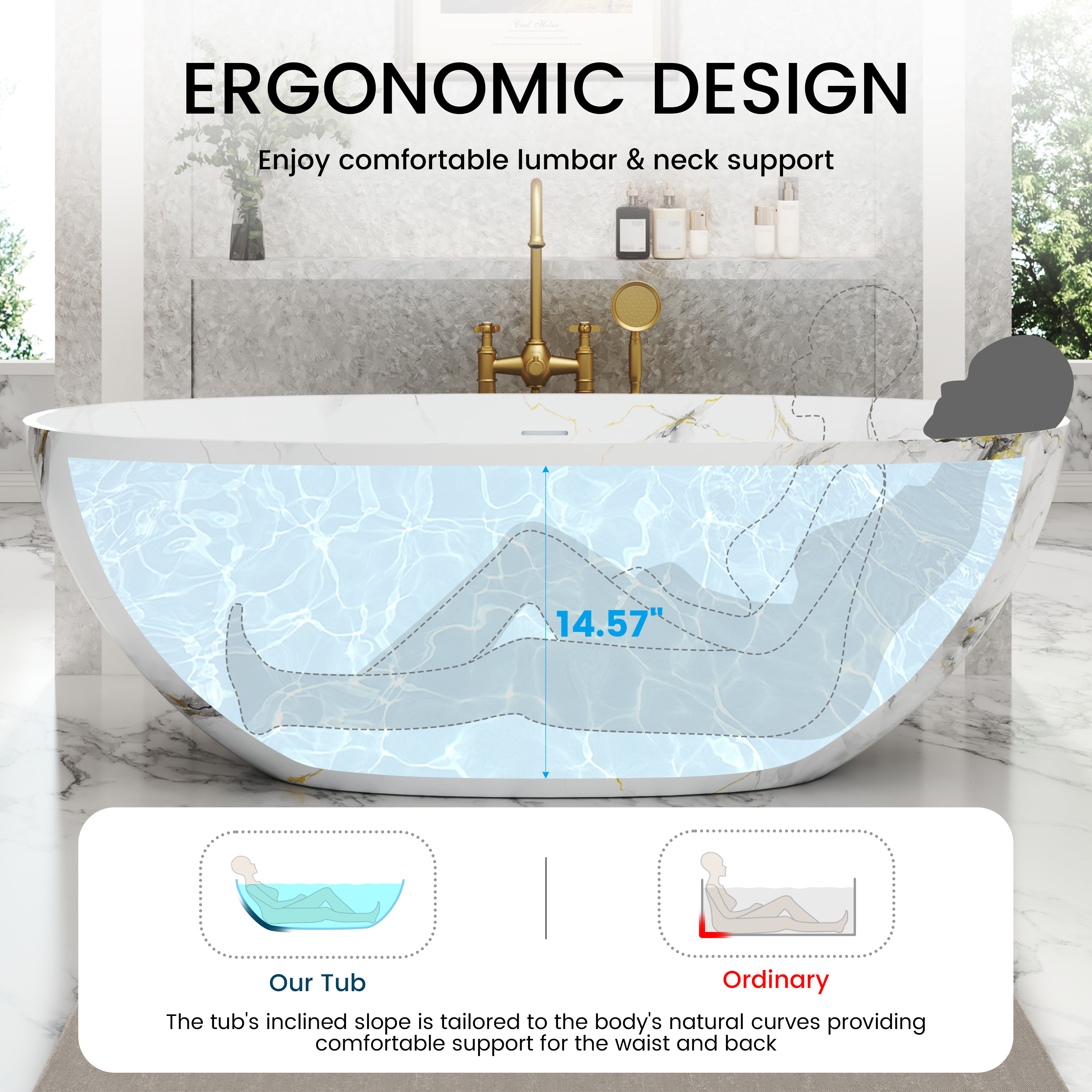 65" Freestanding Solid Surface Oval Bathtub in Marble Look Finish