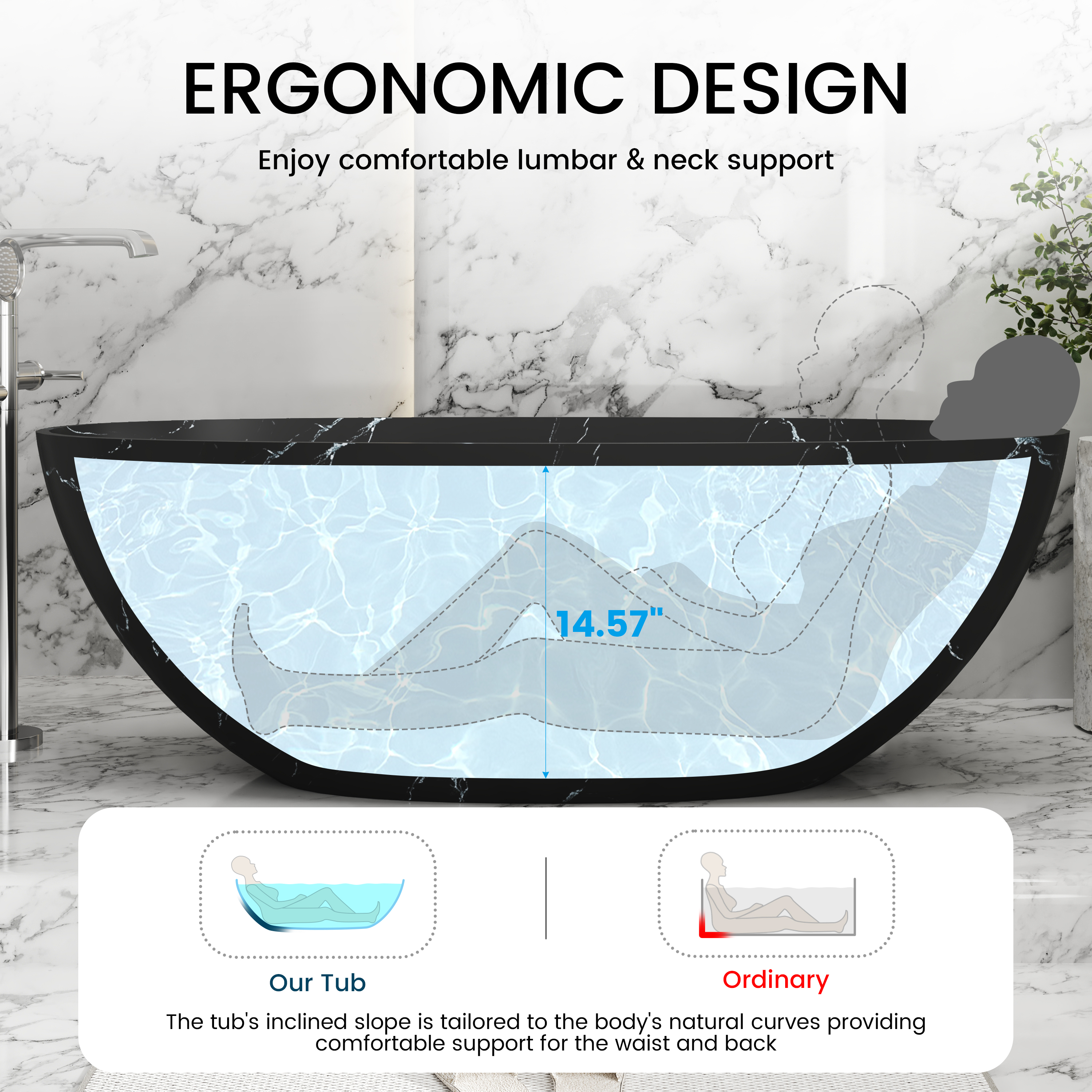 65" Freestanding Solid Surface Oval Bathtub in Marble Look Finish