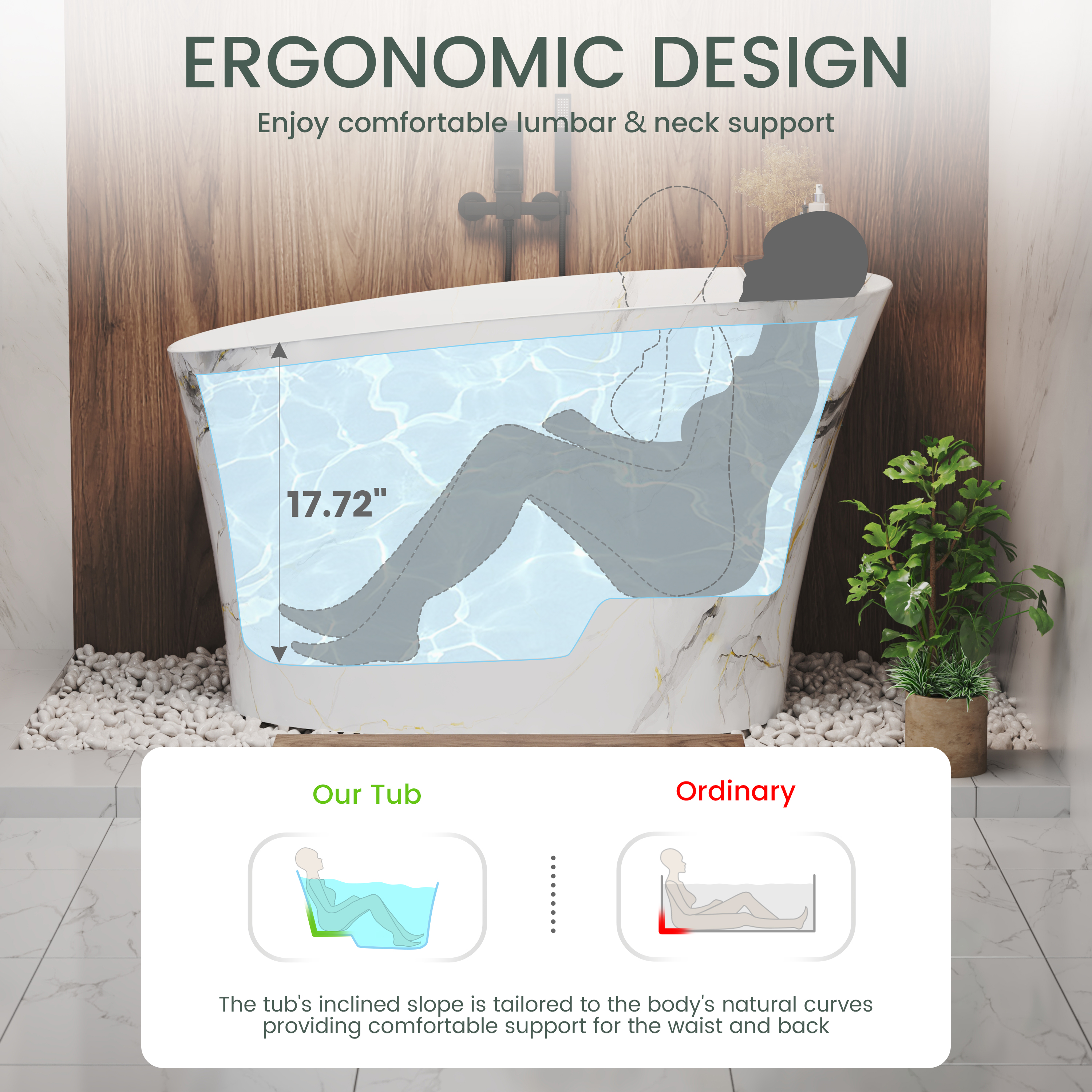 51" Freestanding Solid Surface Soaking Tub with Built-In Seat in Wood Grain & Marble Finish