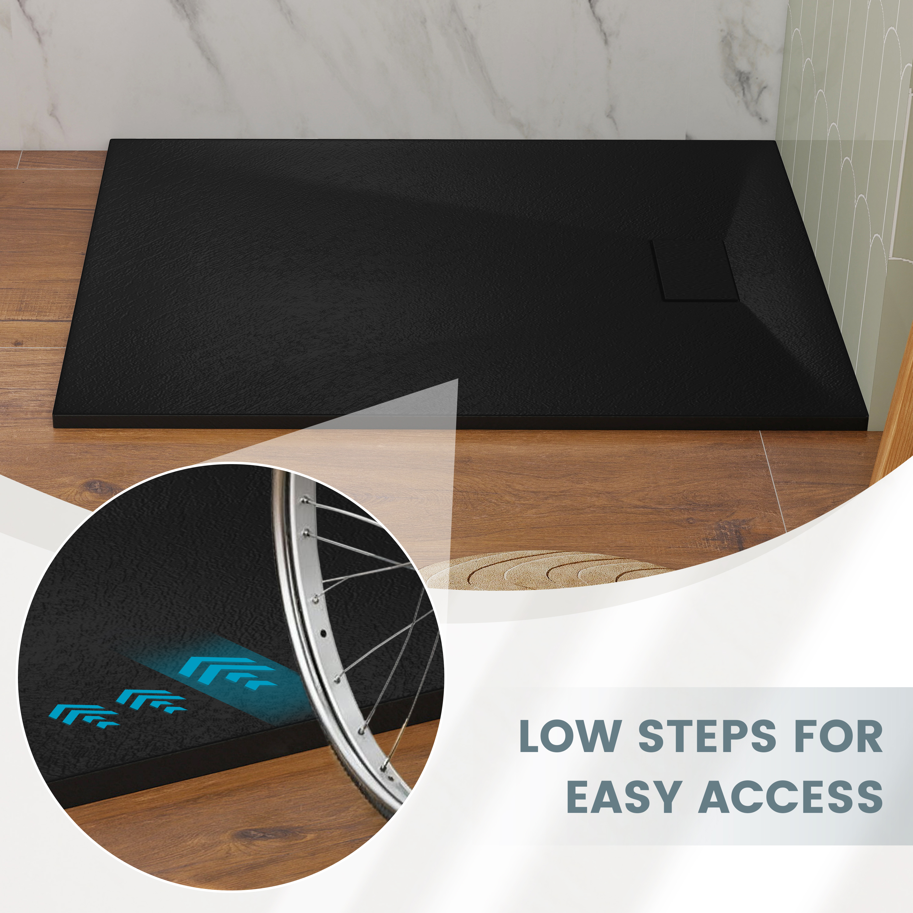 European-Style SMC Shower Base with Sleek Marble Texture in Black & White