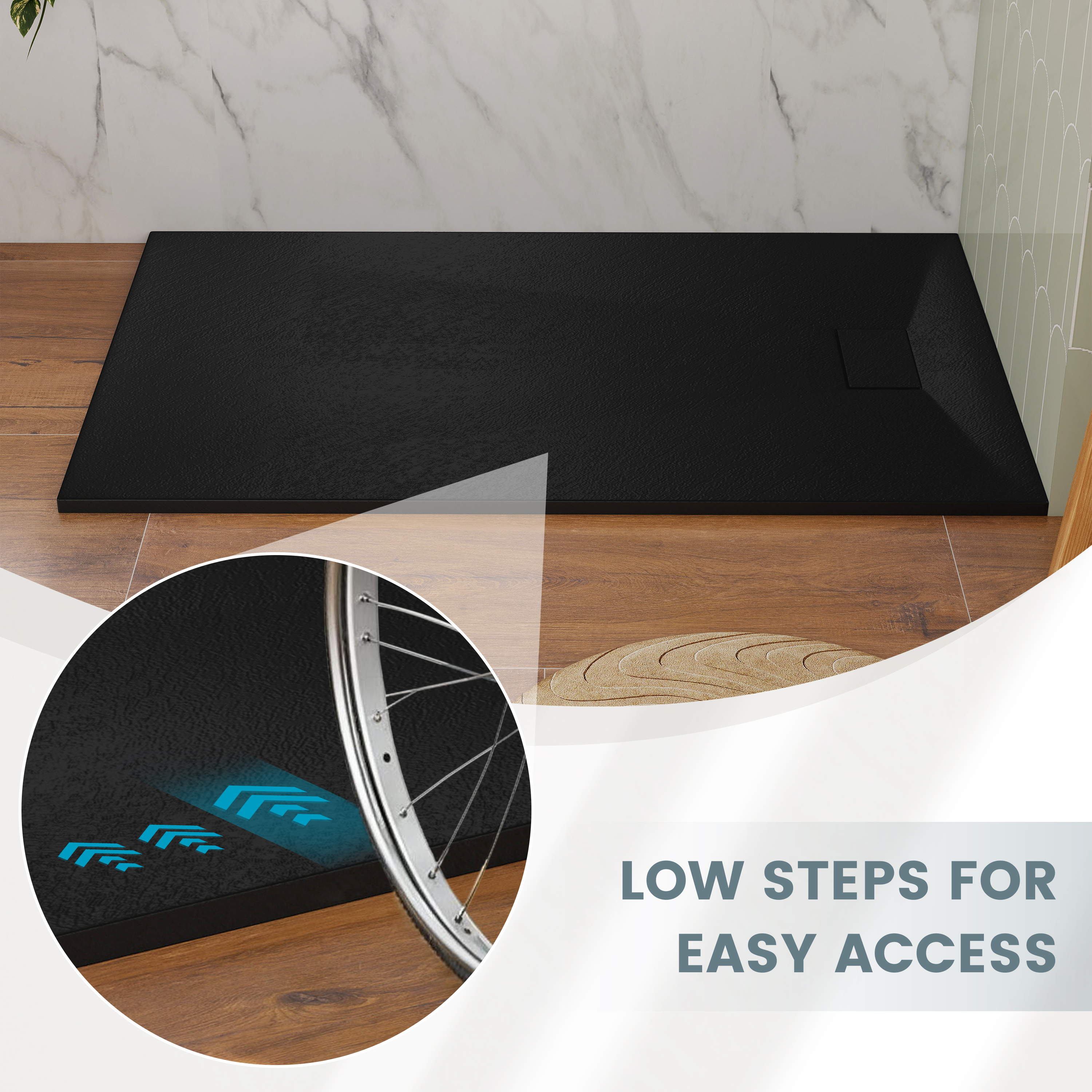 European-Style SMC Shower Base with Sleek Marble Texture in Black & White