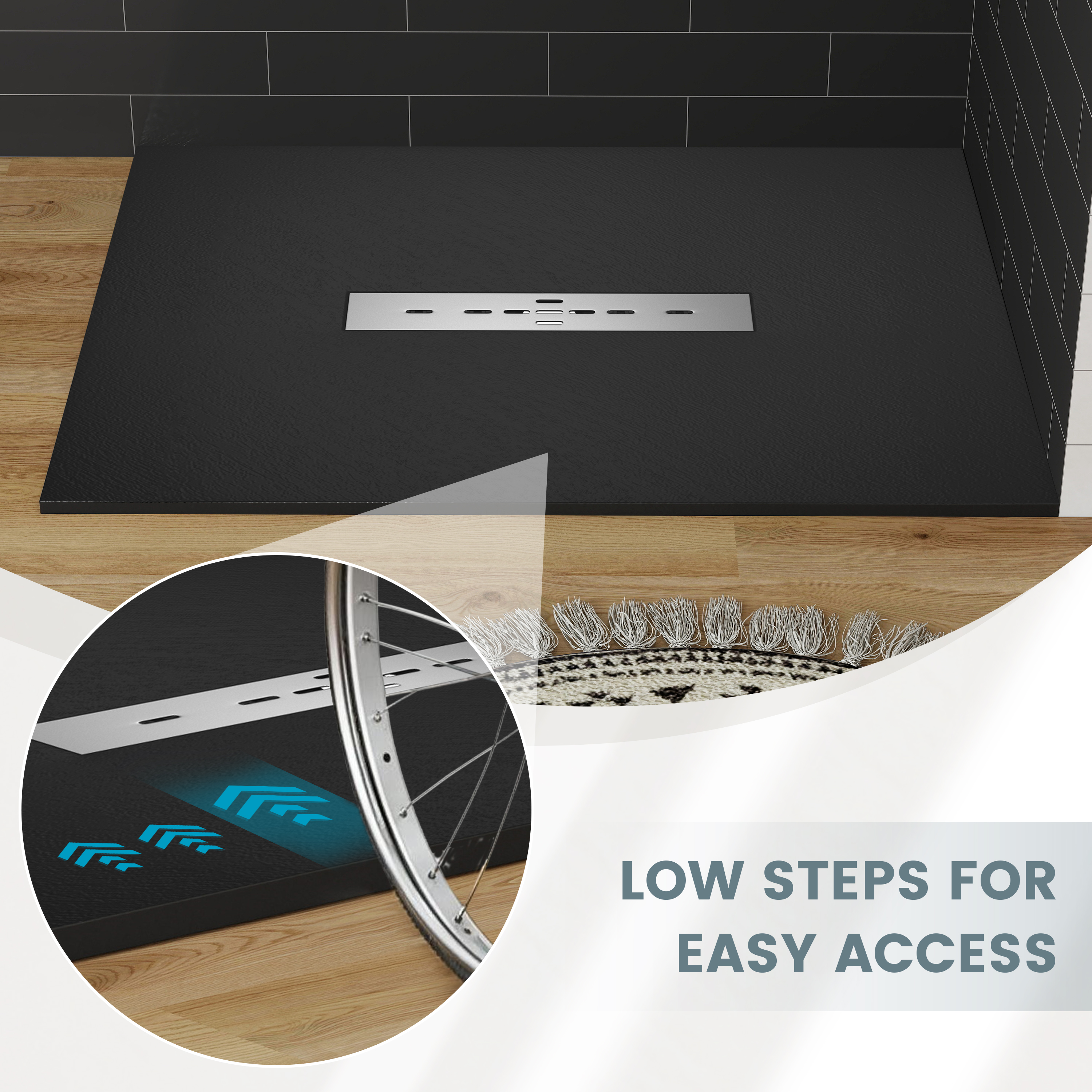 Durable SMC Composite Shower Base Pan with Center Drain in Black & White