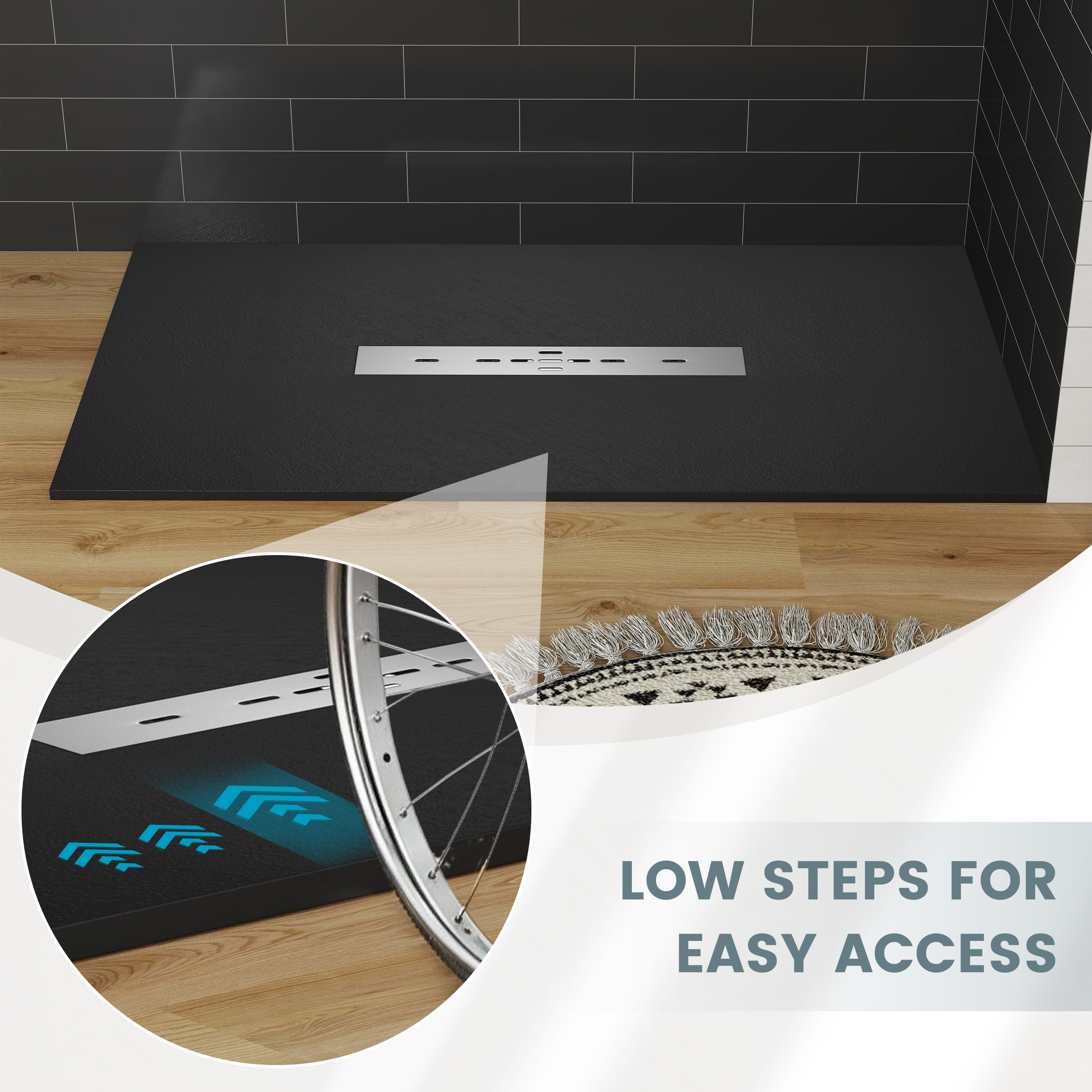 Durable SMC Composite Shower Base Pan with Center Drain in Black & White