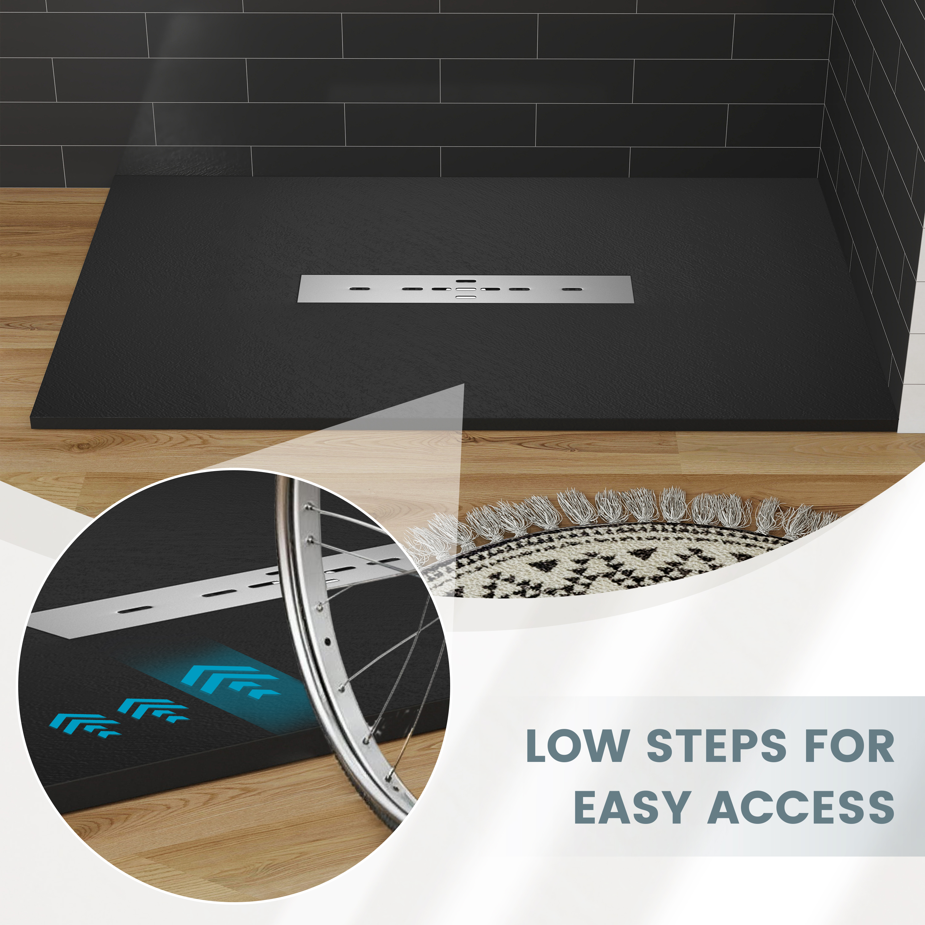 Durable SMC Composite Shower Base Pan with Center Drain in Black & White