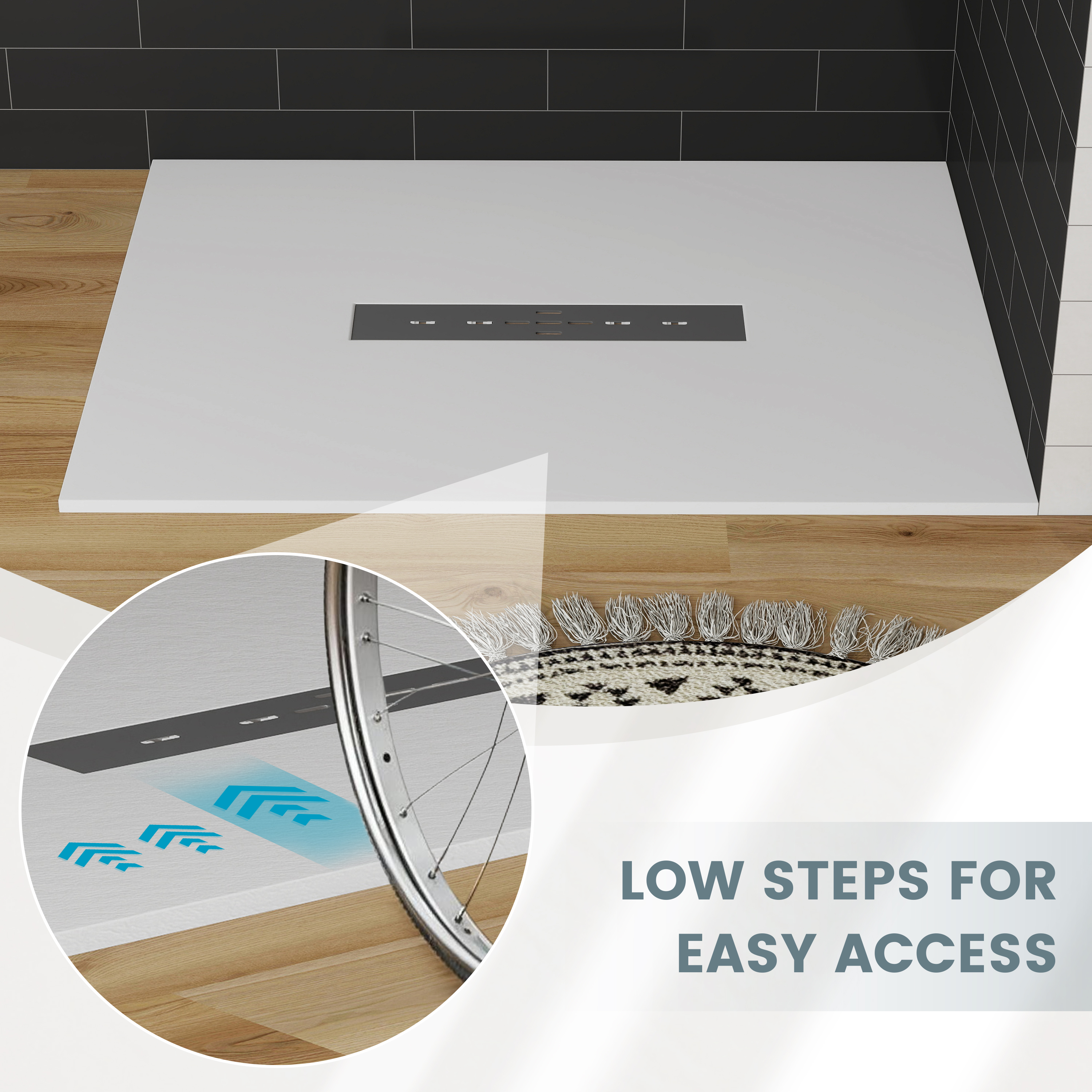 Durable SMC Composite Shower Base Pan with Center Drain in Black & White