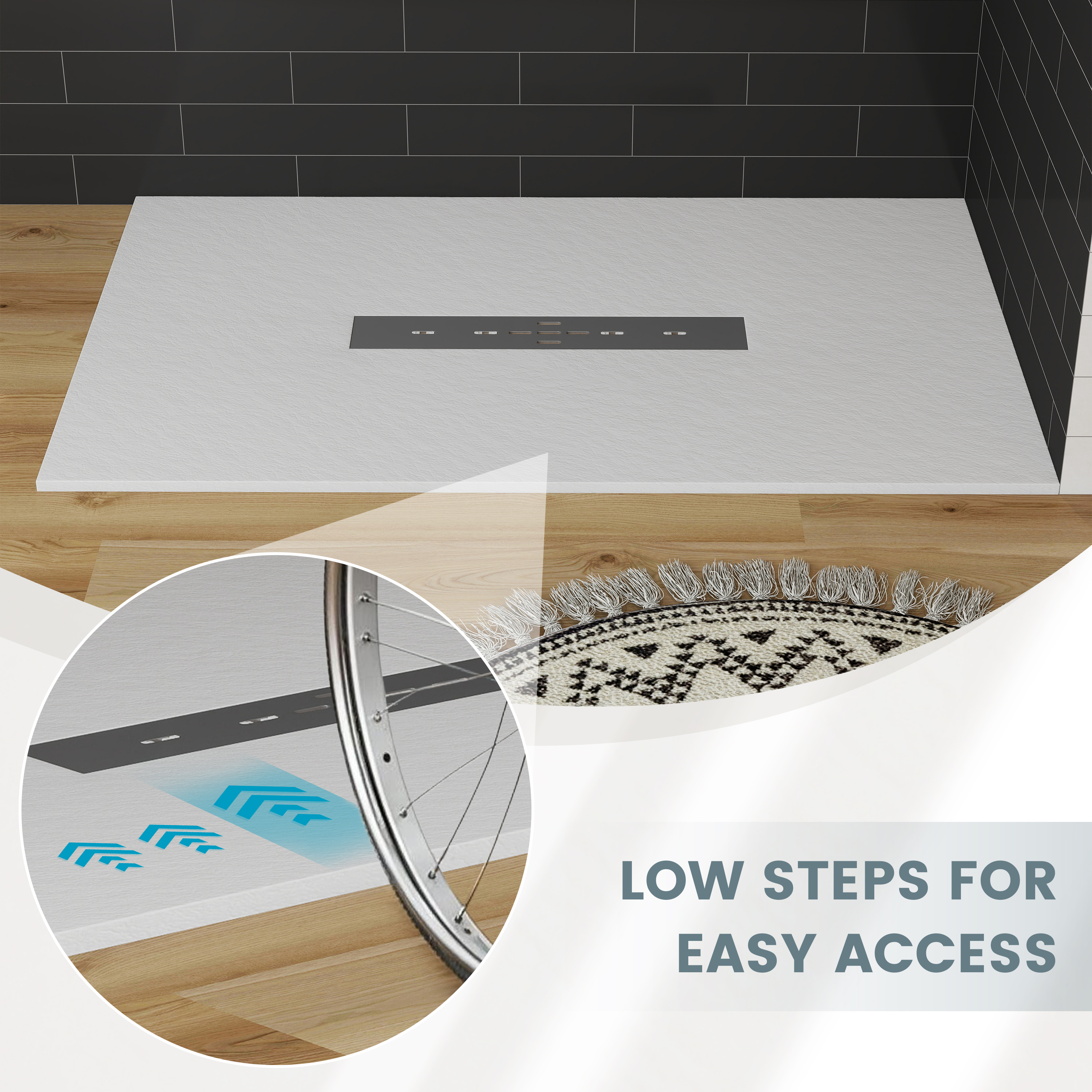Durable SMC Composite Shower Base Pan with Center Drain in Black & White