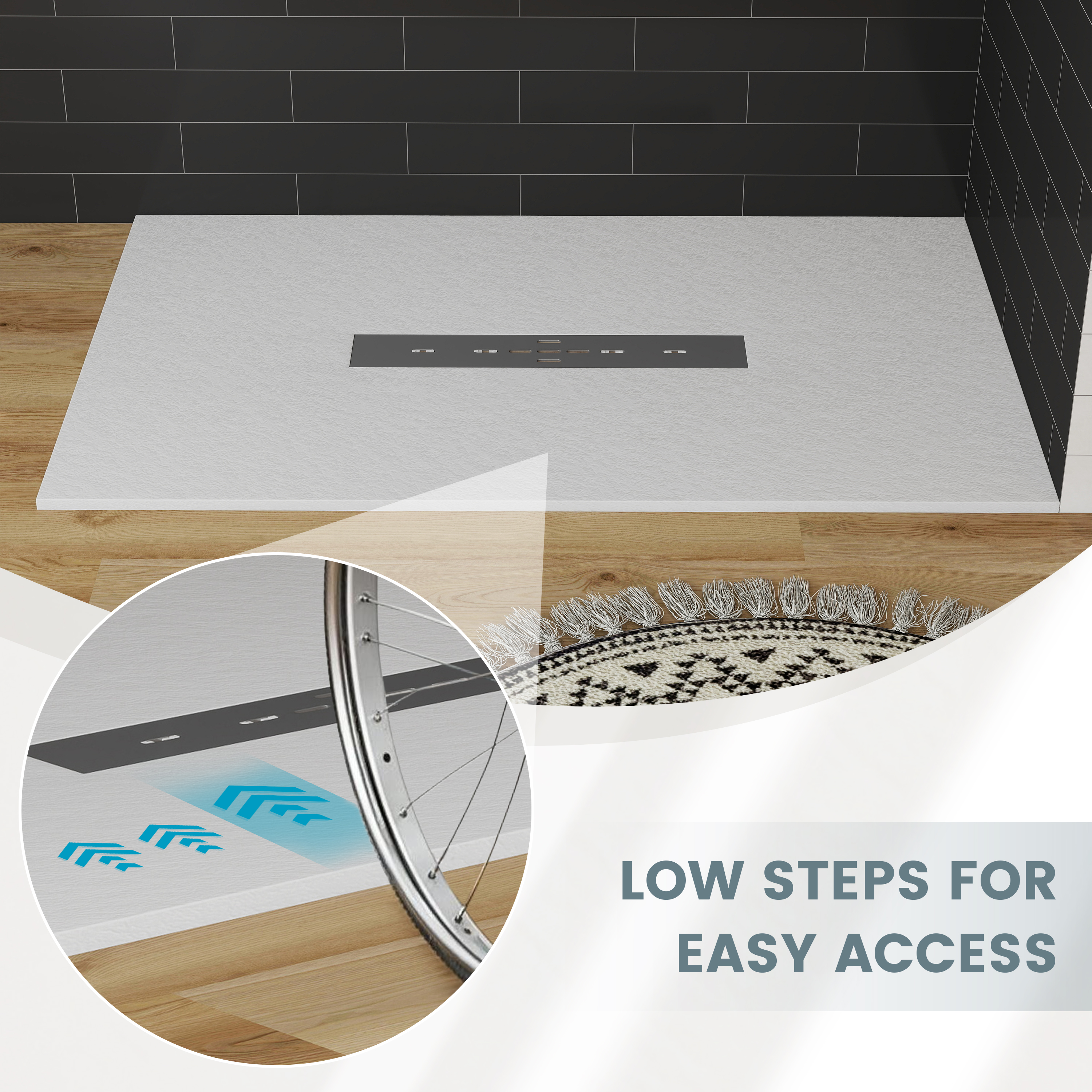 Durable SMC Composite Shower Base Pan with Center Drain in Black & White