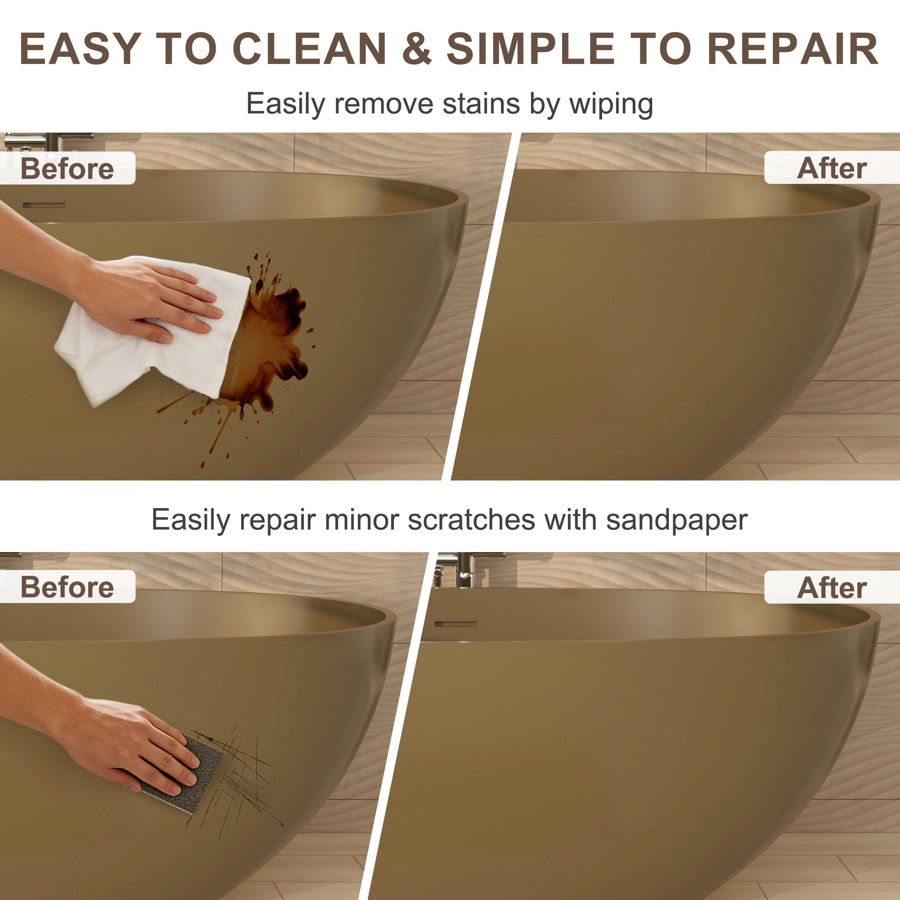 61" Freestanding Solid Surface Stone Soaking Bathtub in Modern Camel