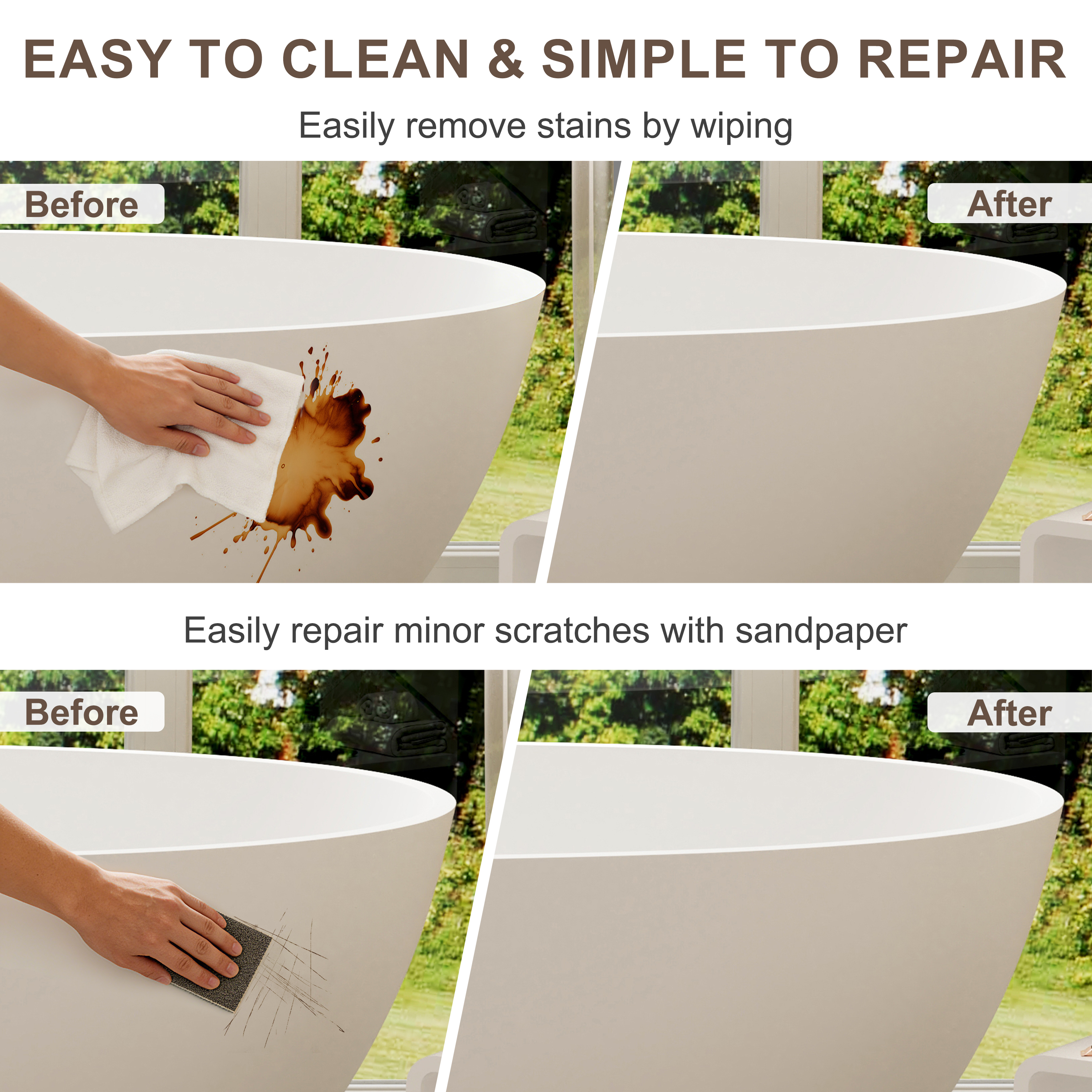 CasaSolid 55"/61"/65"/71" Solid Surface Matte White Freestanding Soaking Bath Tubs - Monaco