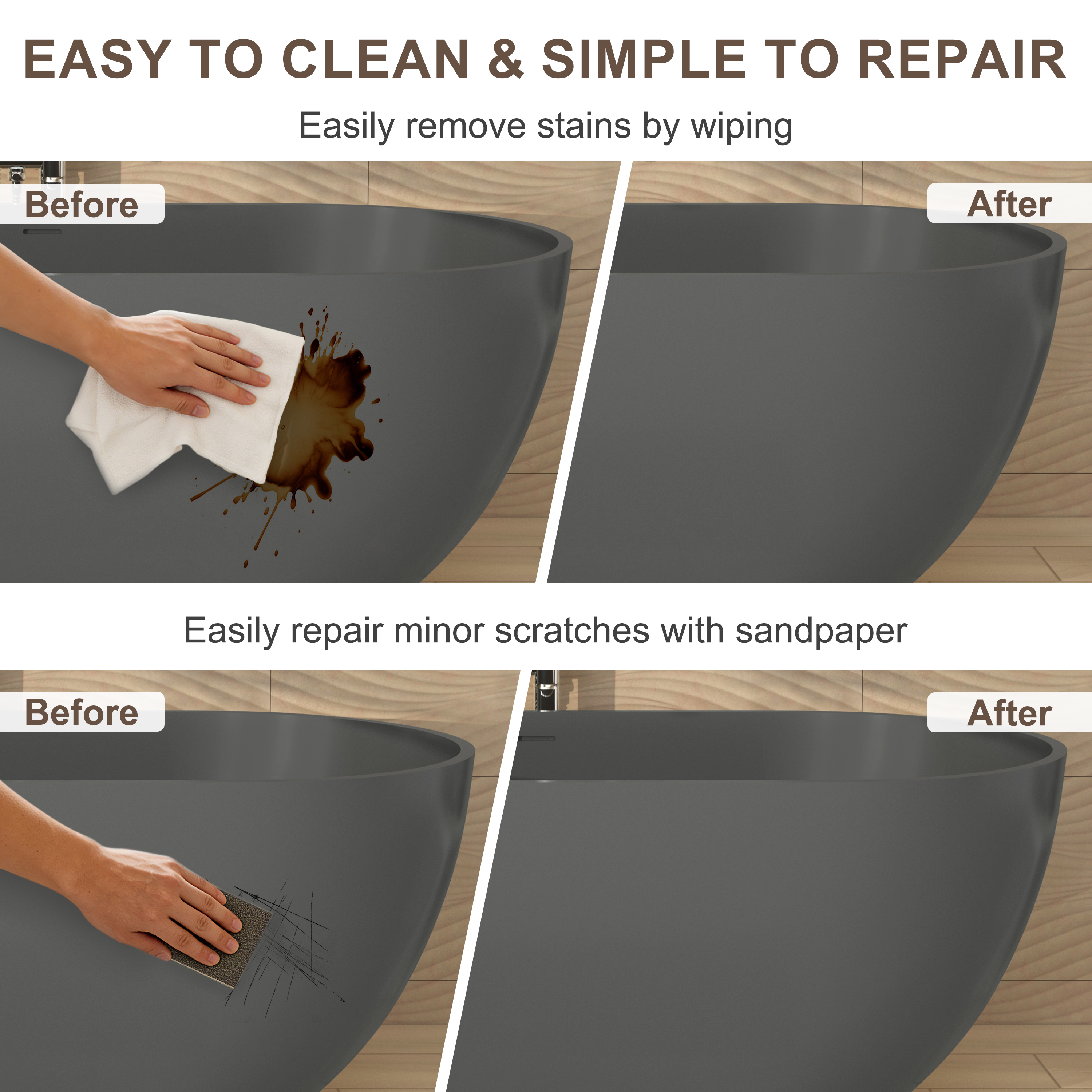 59" Dark Grey Solid Surface Freestanding Bathtub with Modern Industrial Elegance