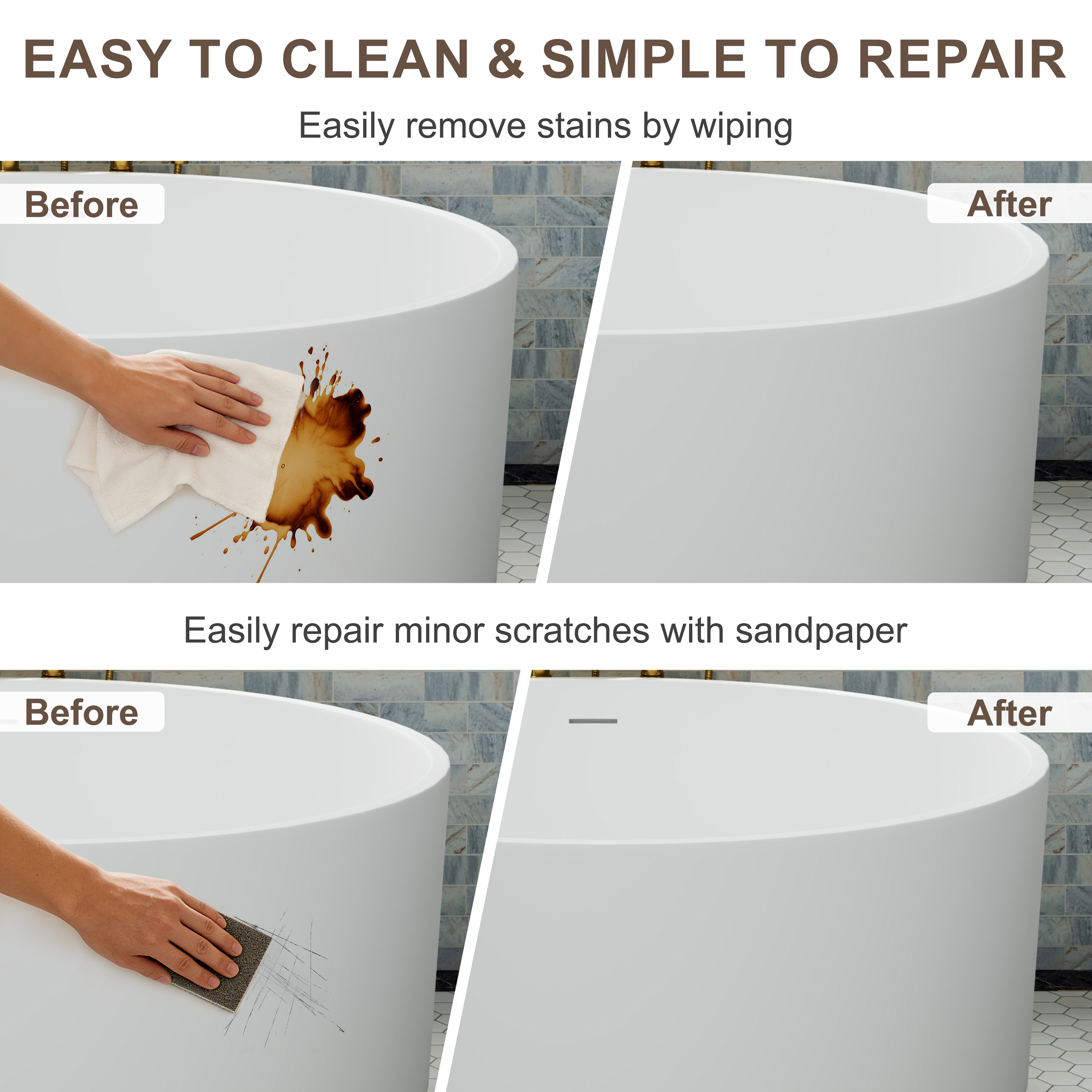 49" Scandinavian Round Solid Surface Freestanding Bathtub, Matte White