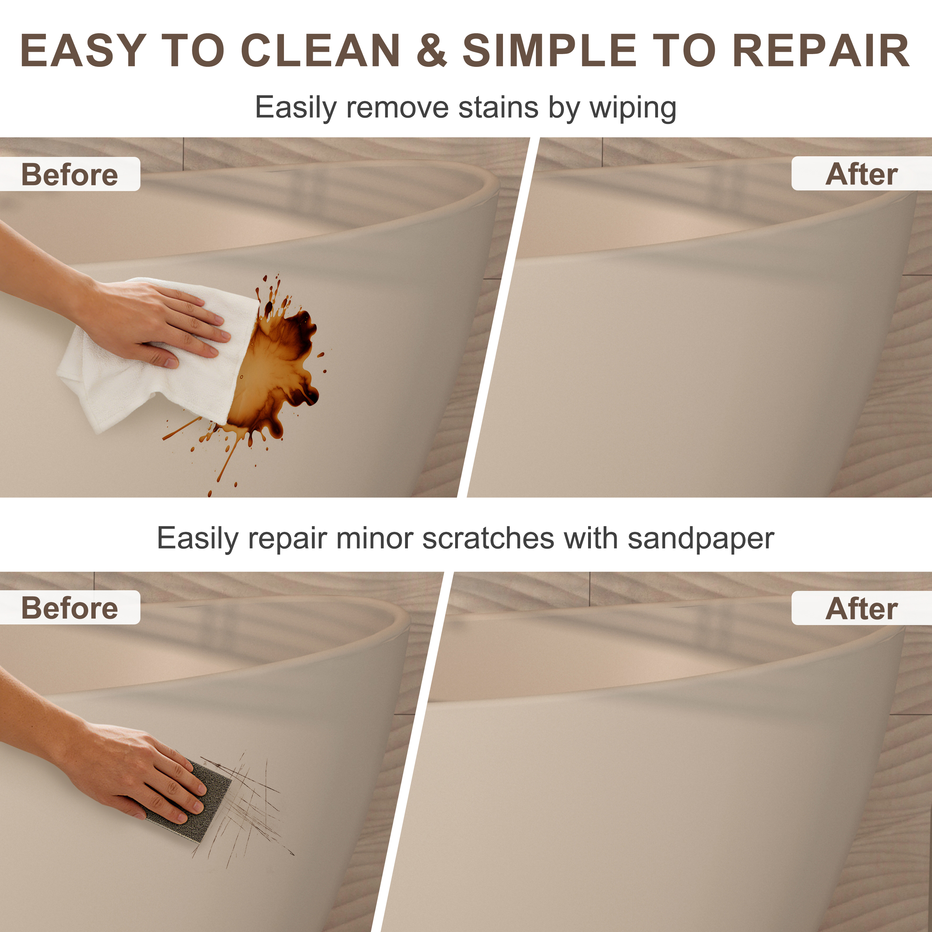 65" Double-Ended Freestanding Solid Surface Bathtub with Modern Cream-Style Soaking