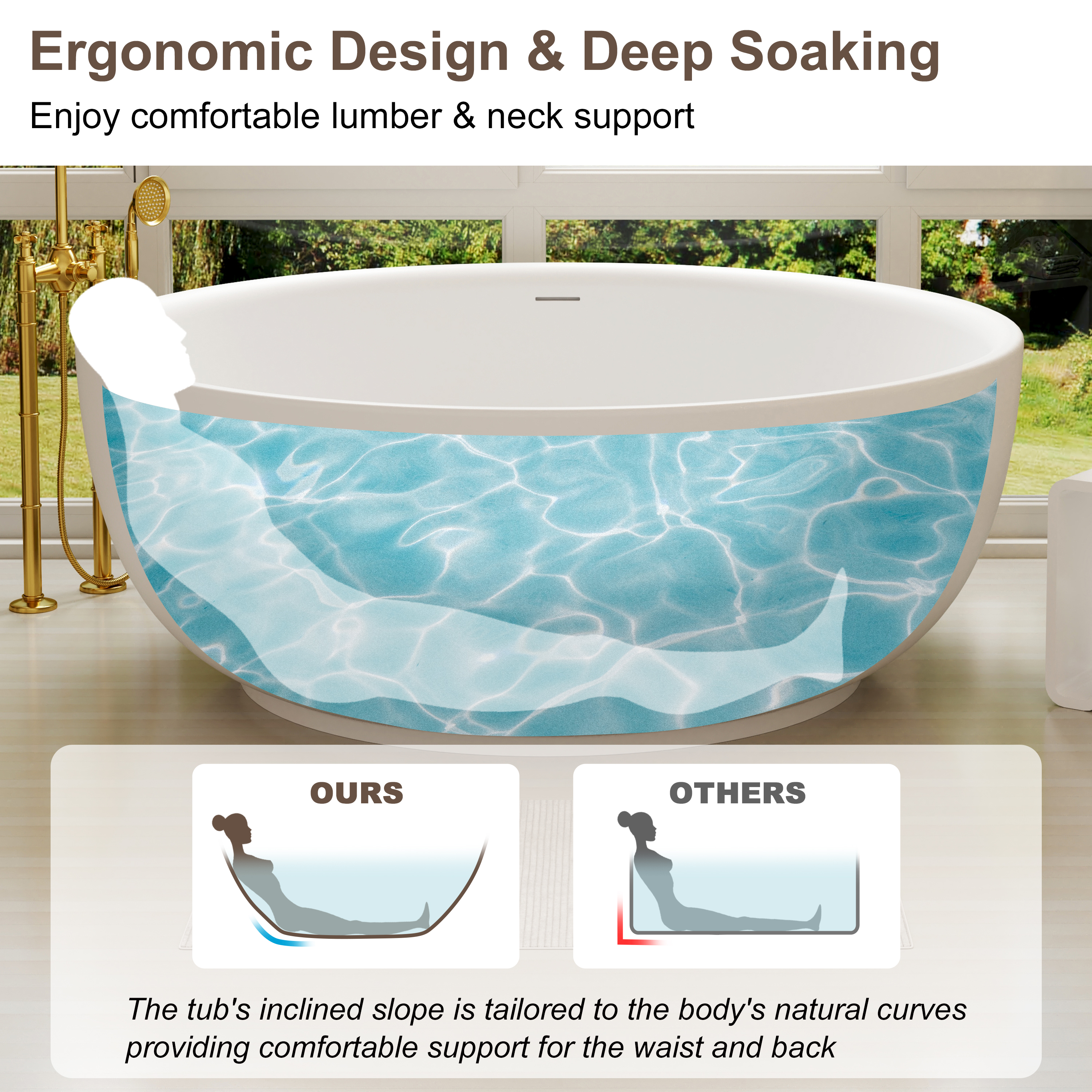 59" Round Solid Surface Freestanding Bathtub for Two in Matte White