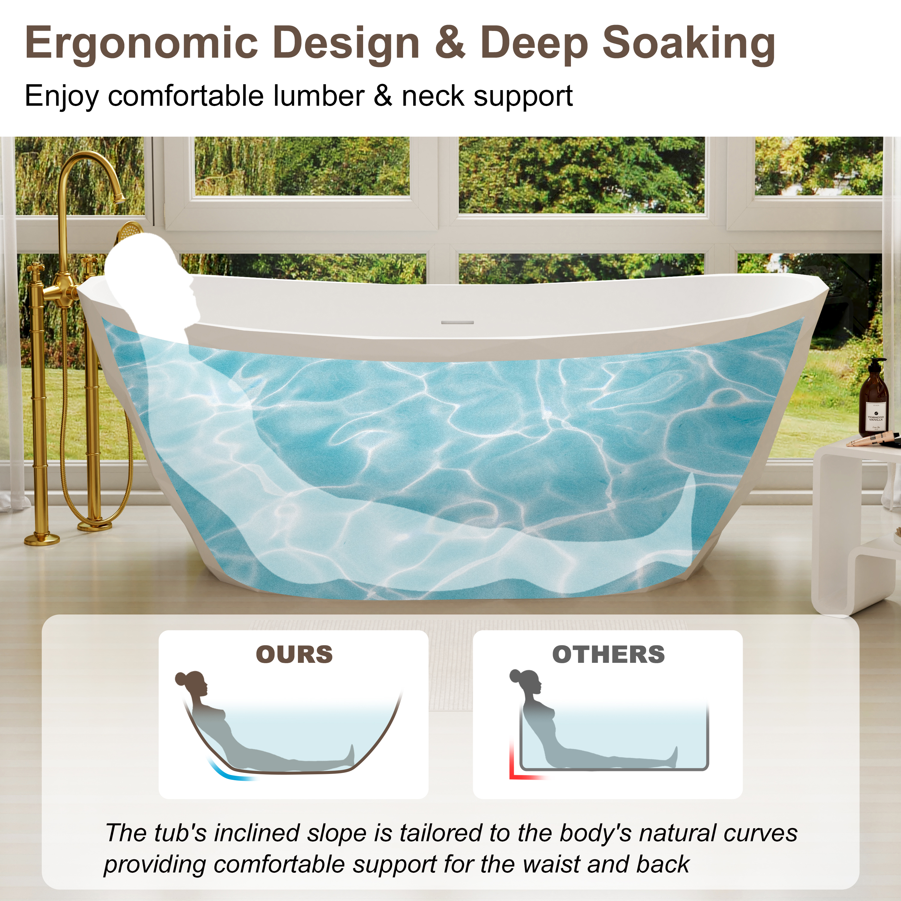 64" Matte White Faceted Solid Surface Freestanding Bathtub with Architectural Geometry