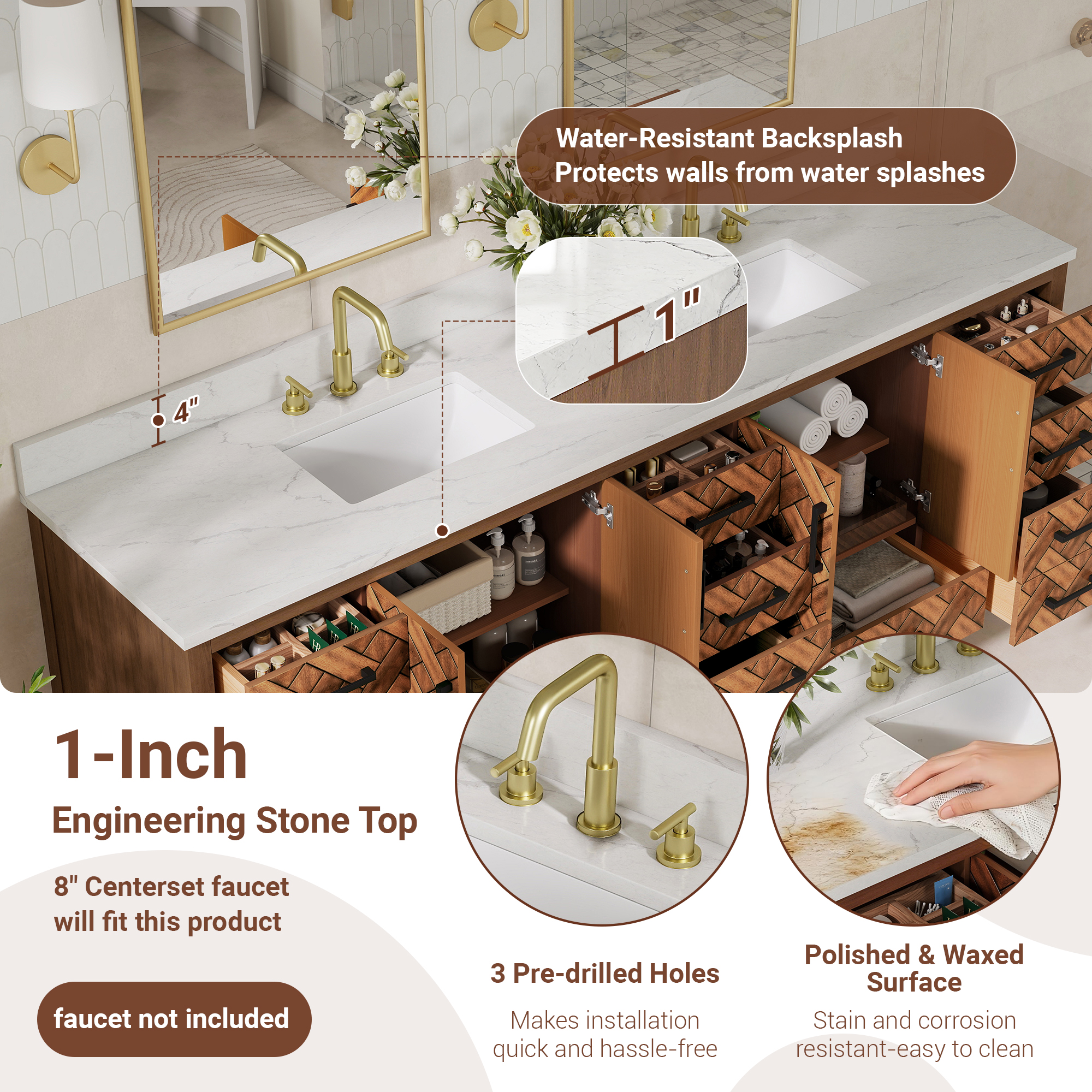 84" Freestanding Bathroom Vanity with Double Sink and Engineering Stone Top