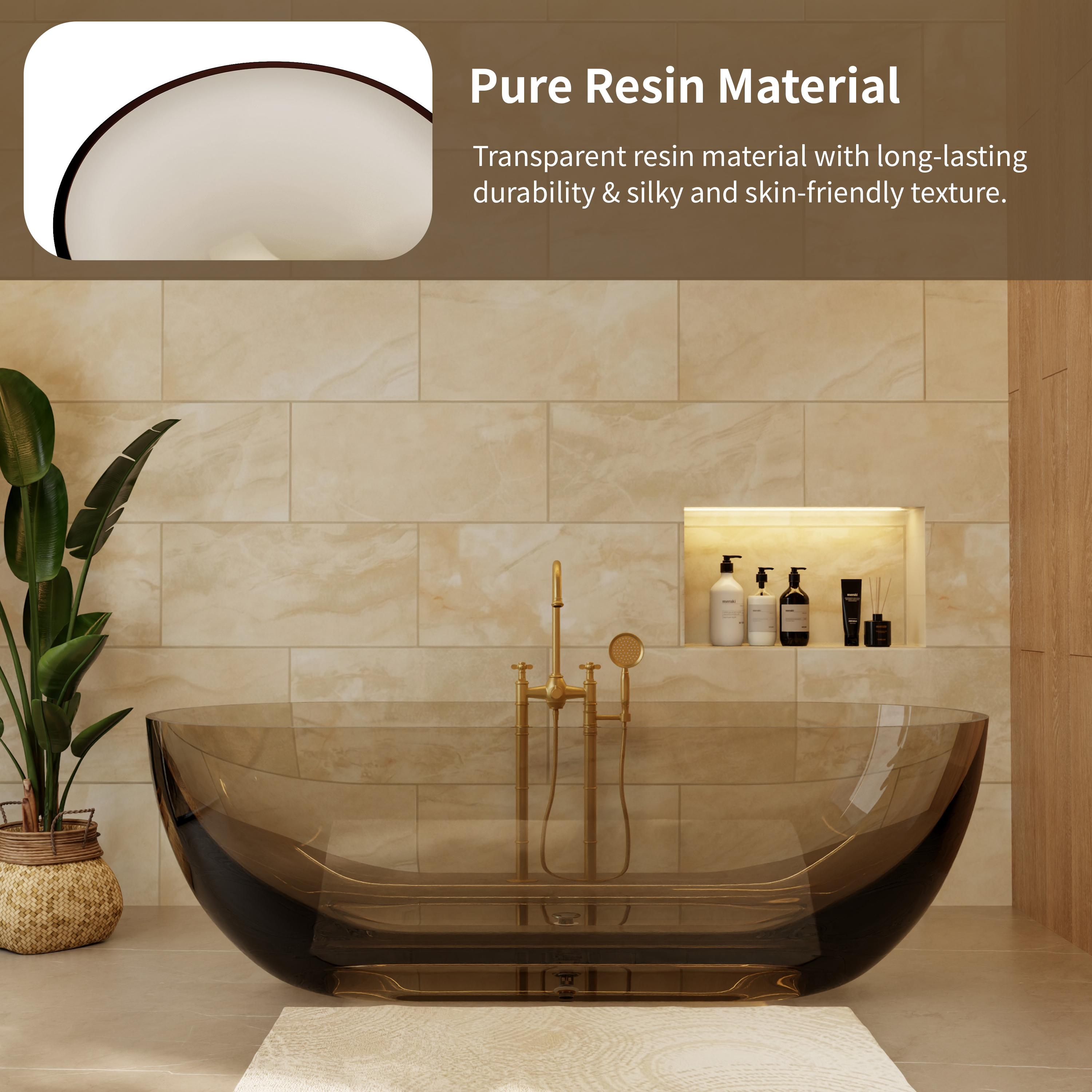69" Coffee Pure Resin Freestanding Bathtub with Ergonomic Soaking Comfort