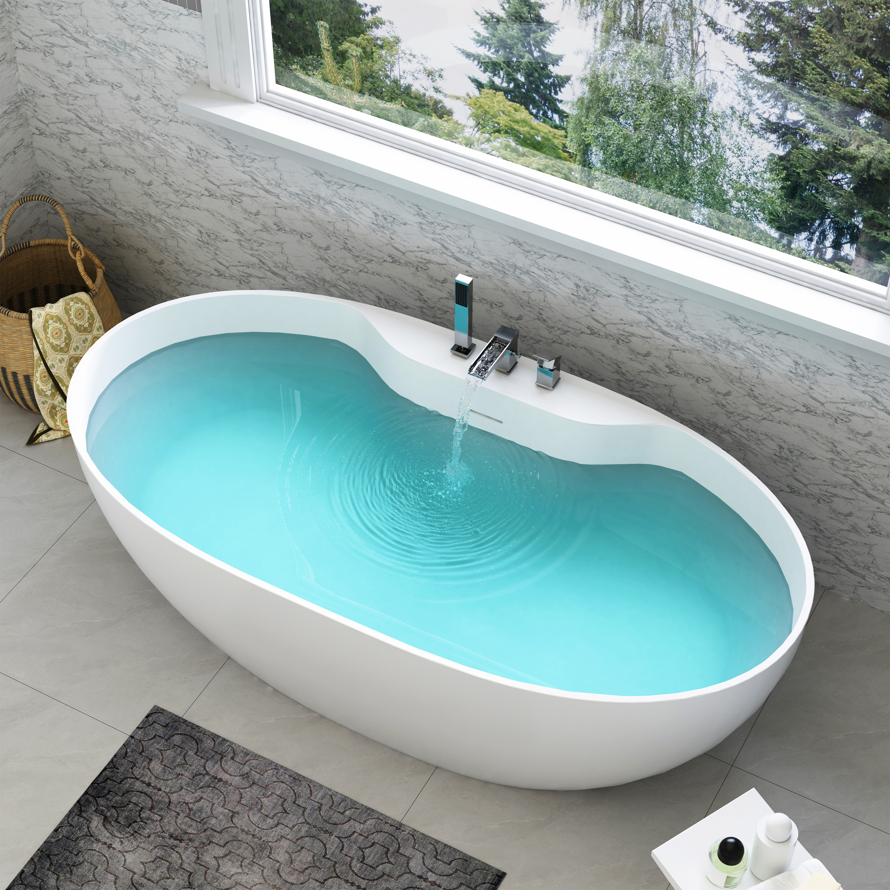 63" Matte White Solid Surface Freestanding Soaking Bathtub with Deck-Mount Faucet Set