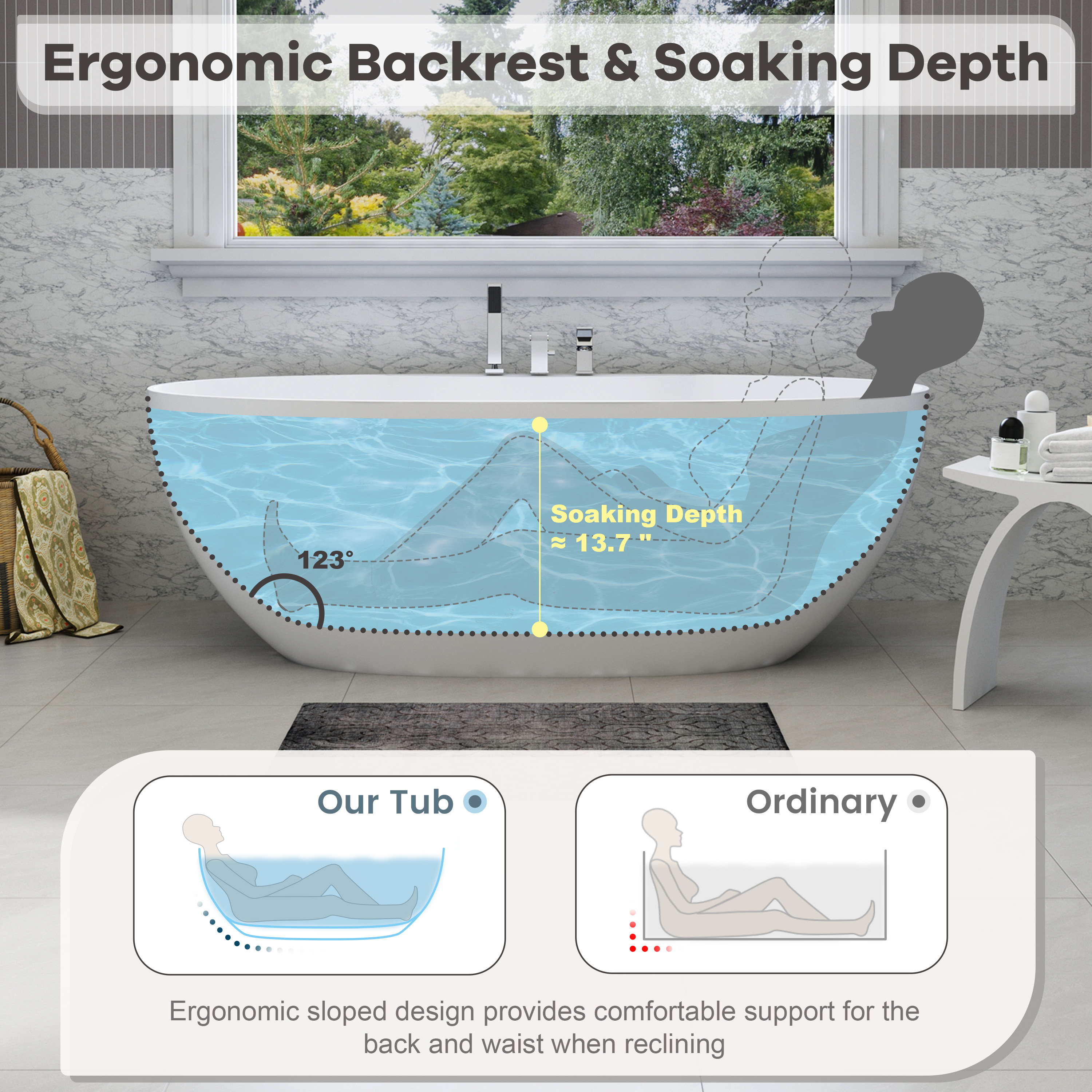 63" Matte White Solid Surface Freestanding Soaking Bathtub with Deck-Mount Faucet Set