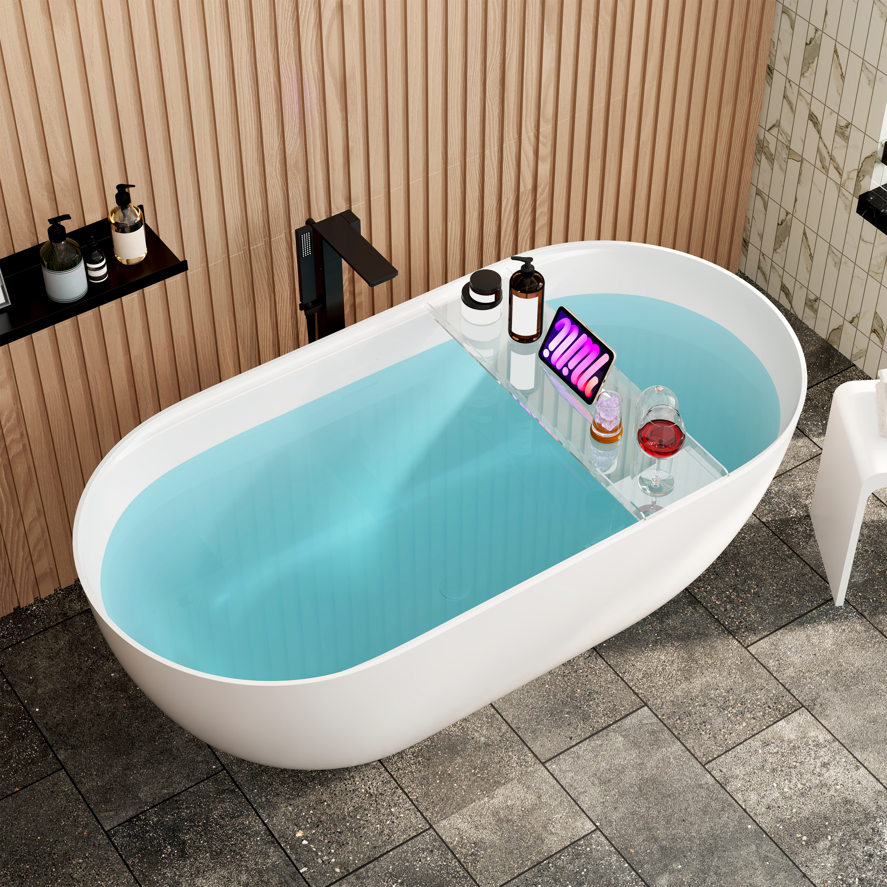 59" Matte White Solid Surface Freestanding Soaking Tub with Bath Caddy