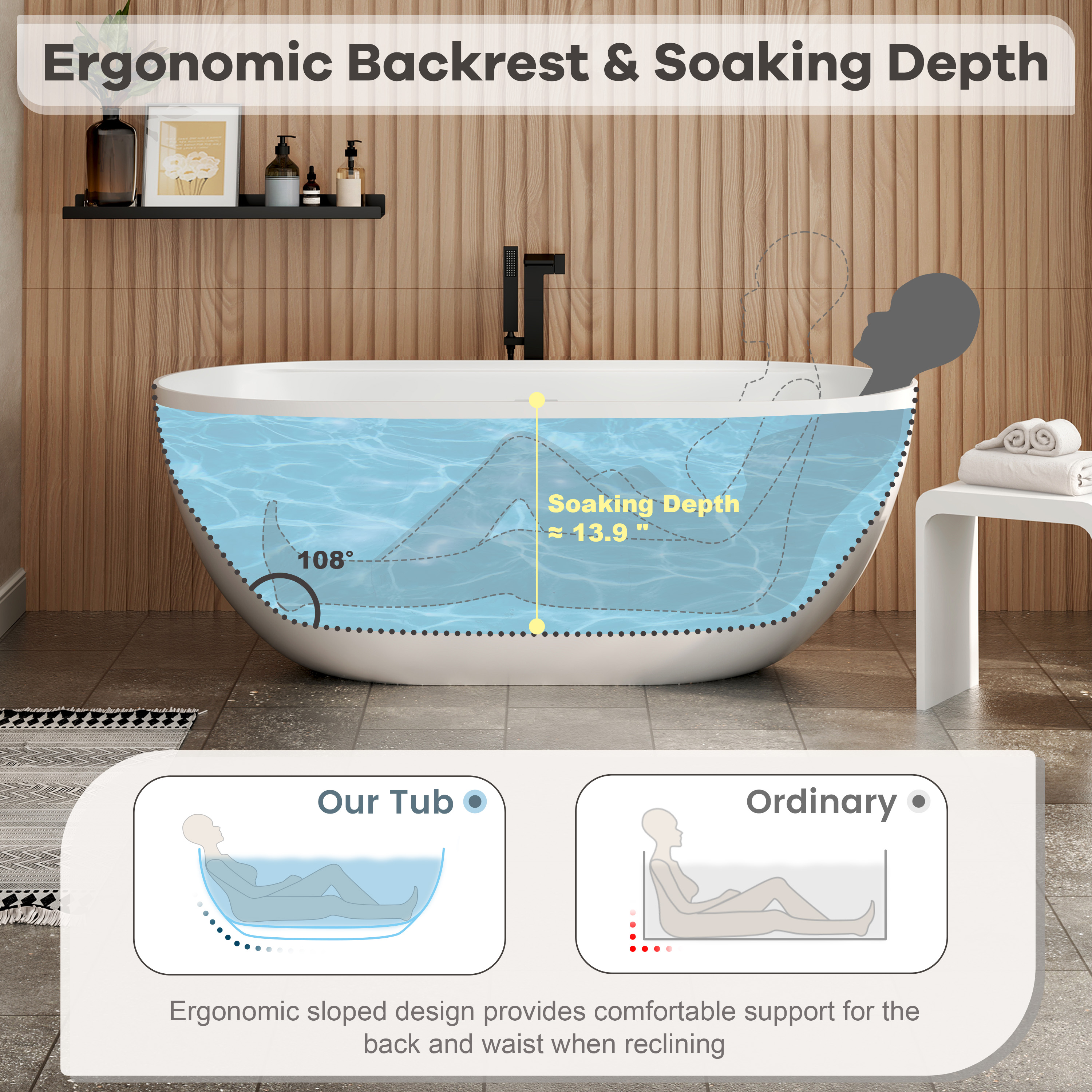 59" Matte White Solid Surface Freestanding Soaking Tub with Bath Caddy