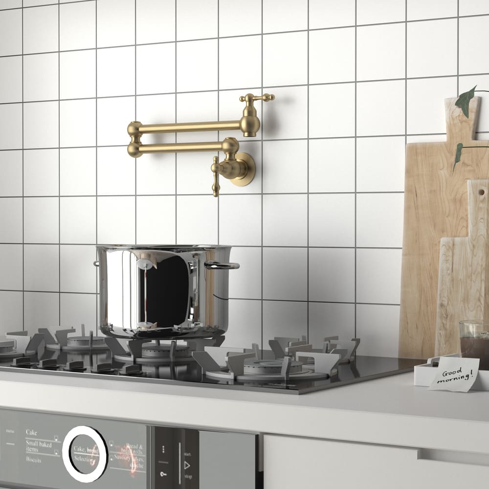Wall Mounted Pot Filler Faucet with Double Handles, 360° Rotatable Folding Spout, Solid Brass Construction, Anti-Splash Aerator