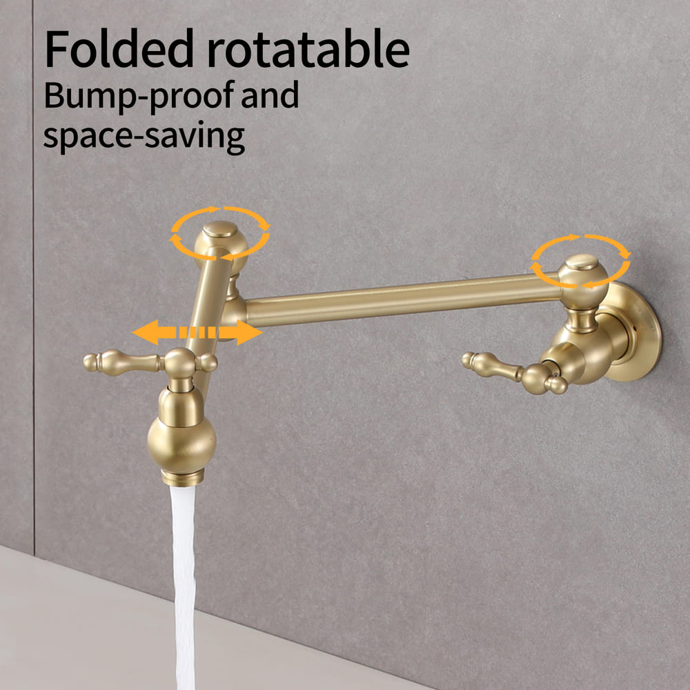 Wall Mounted Pot Filler Faucet with Double Handles, 360° Rotatable Folding Spout, Solid Brass Construction, Anti-Splash Aerator