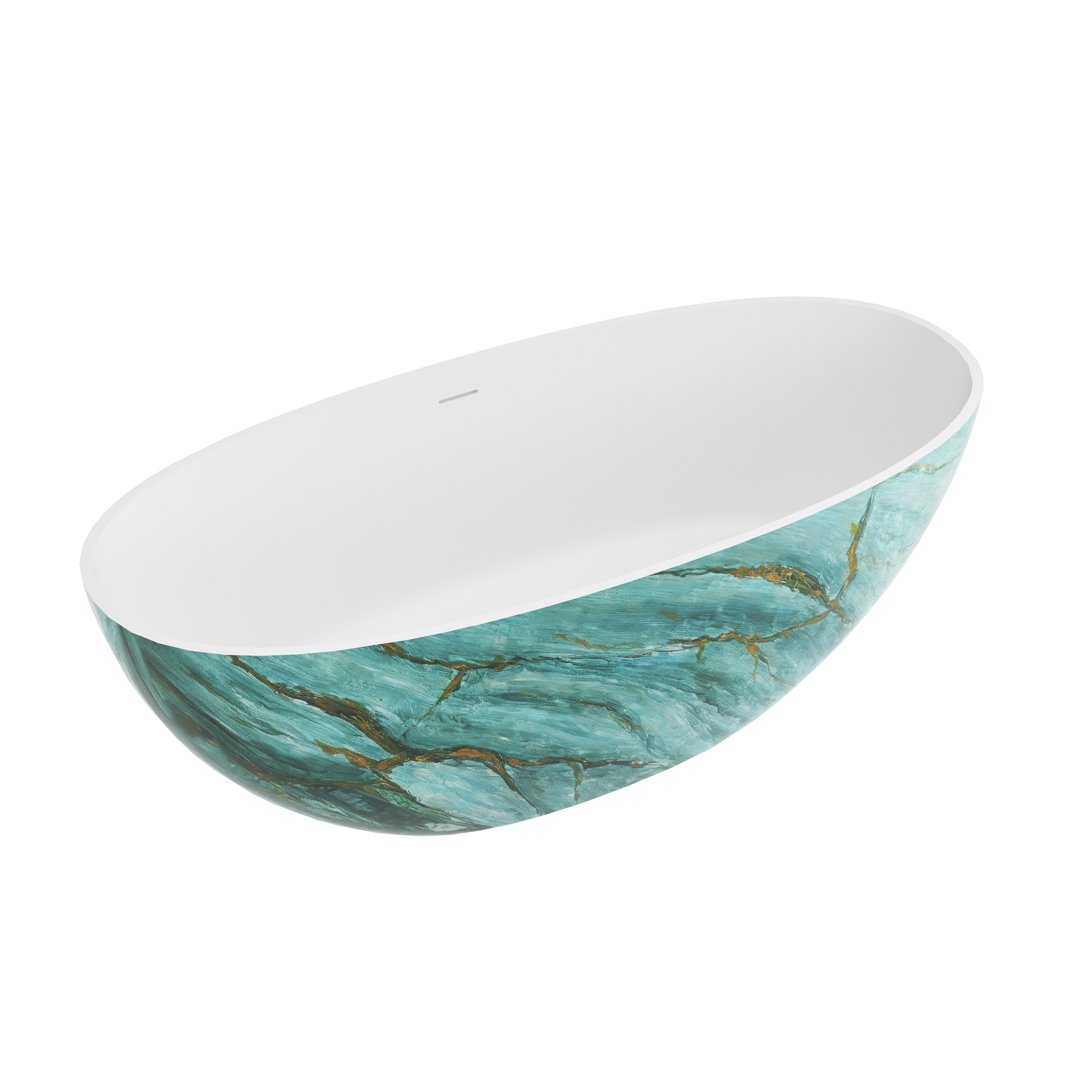 65" Freestanding Oval Solid Surface Soaking Bathtub in Emerald-Green with Center Drain & Overflow