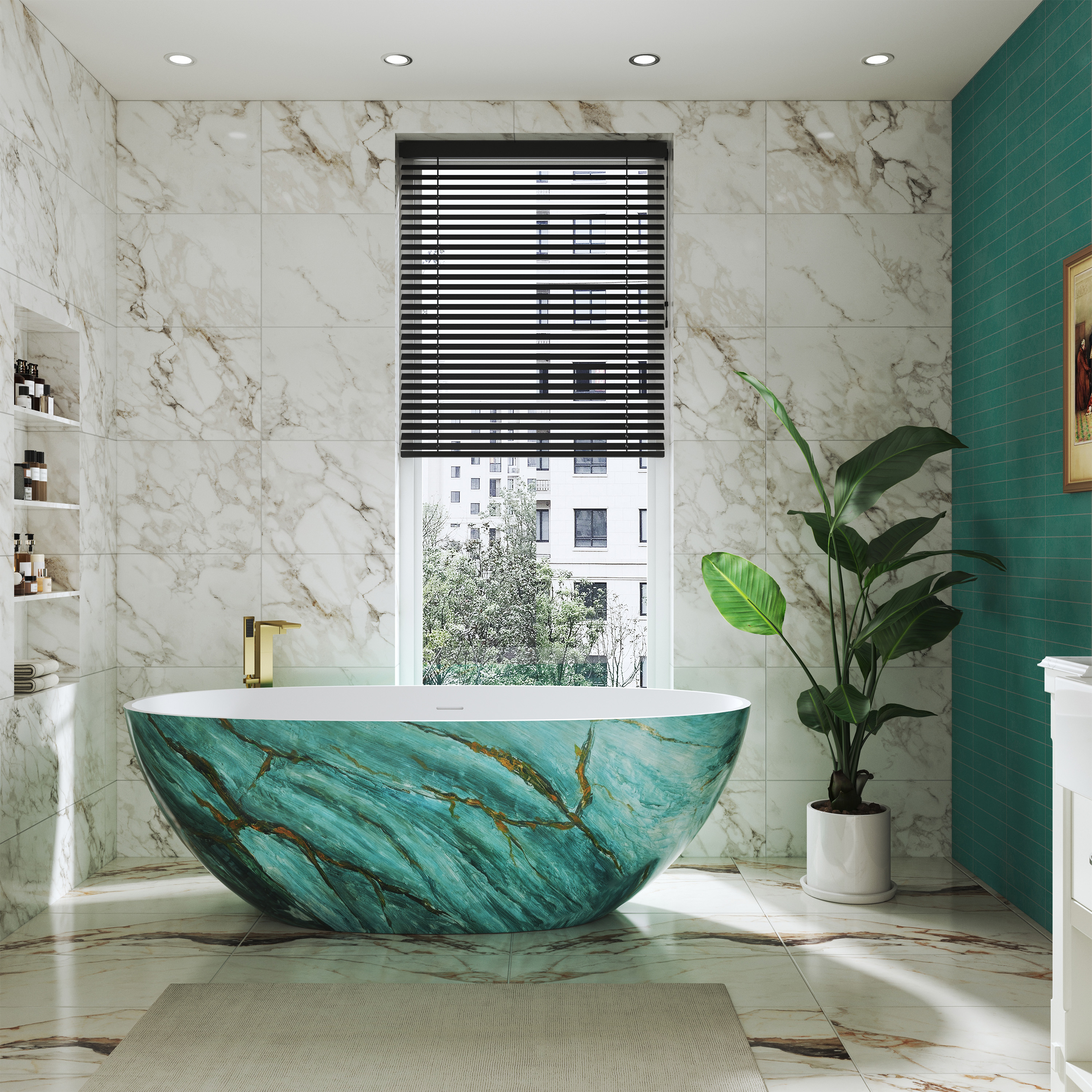 65" Freestanding Oval Solid Surface Soaking Bathtub in Emerald-Green with Center Drain & Overflow