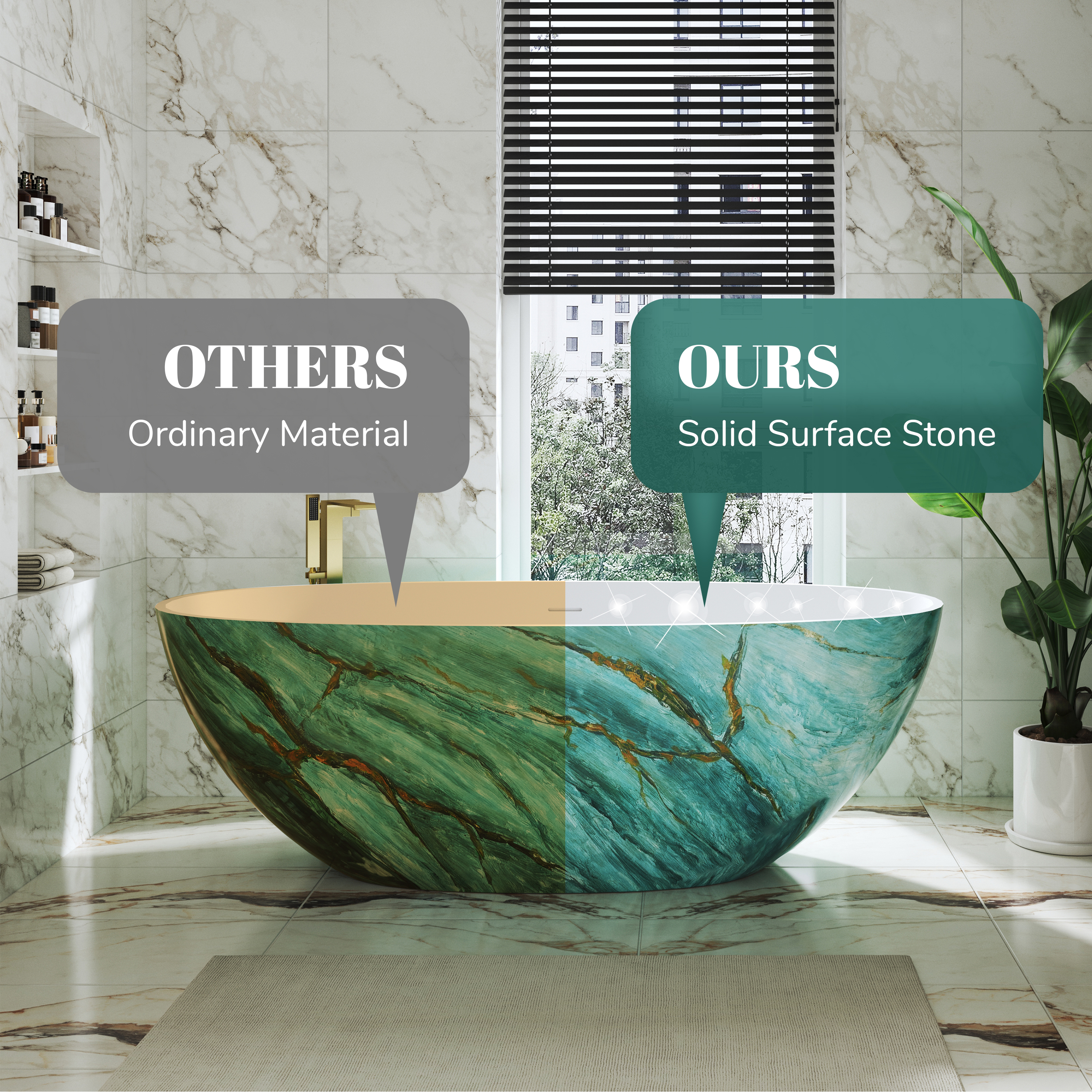 65" Freestanding Oval Solid Surface Soaking Bathtub in Emerald-Green with Center Drain & Overflow