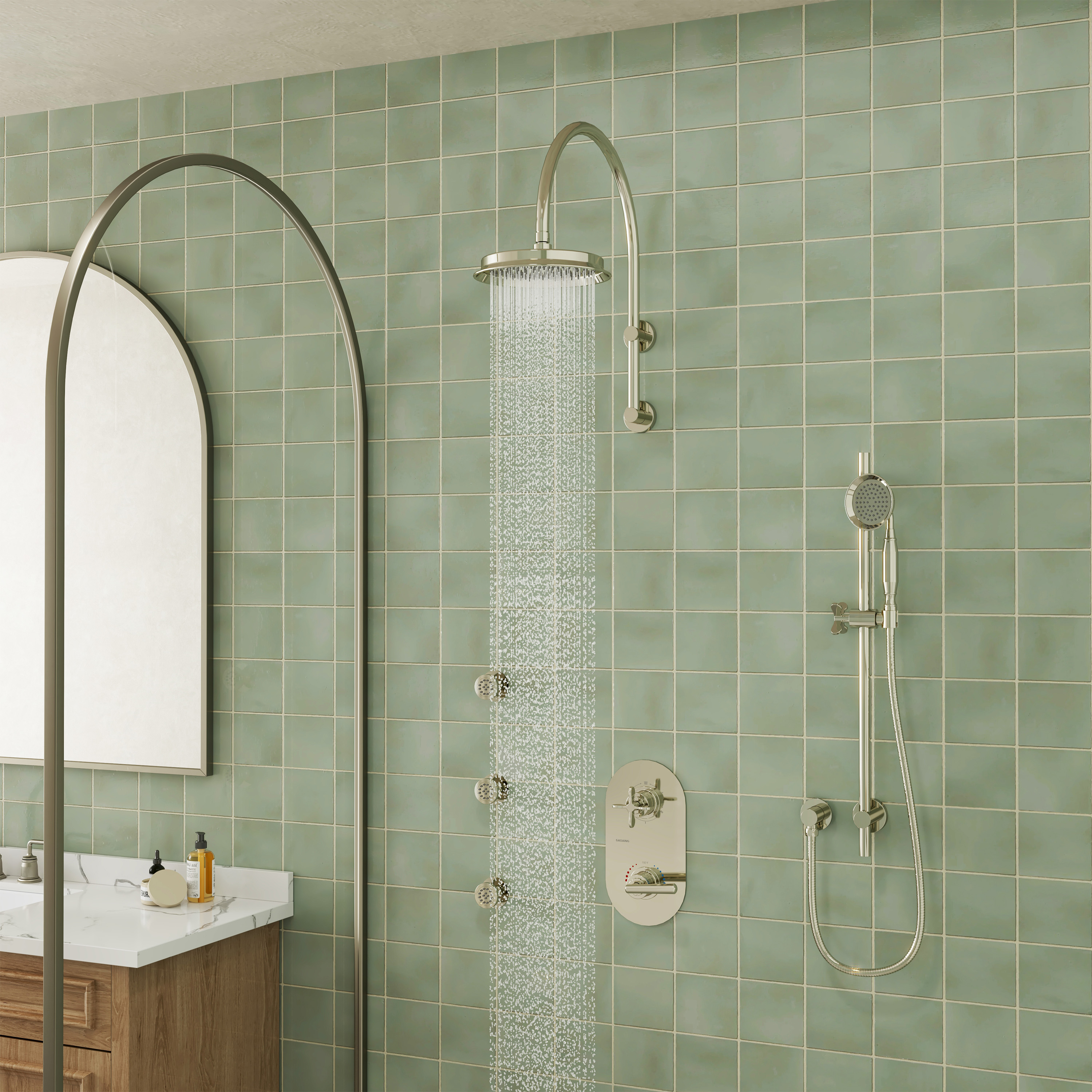 9" Rainfall Thermostatic 3-Function Shower System with Slide Bar & Body Jets