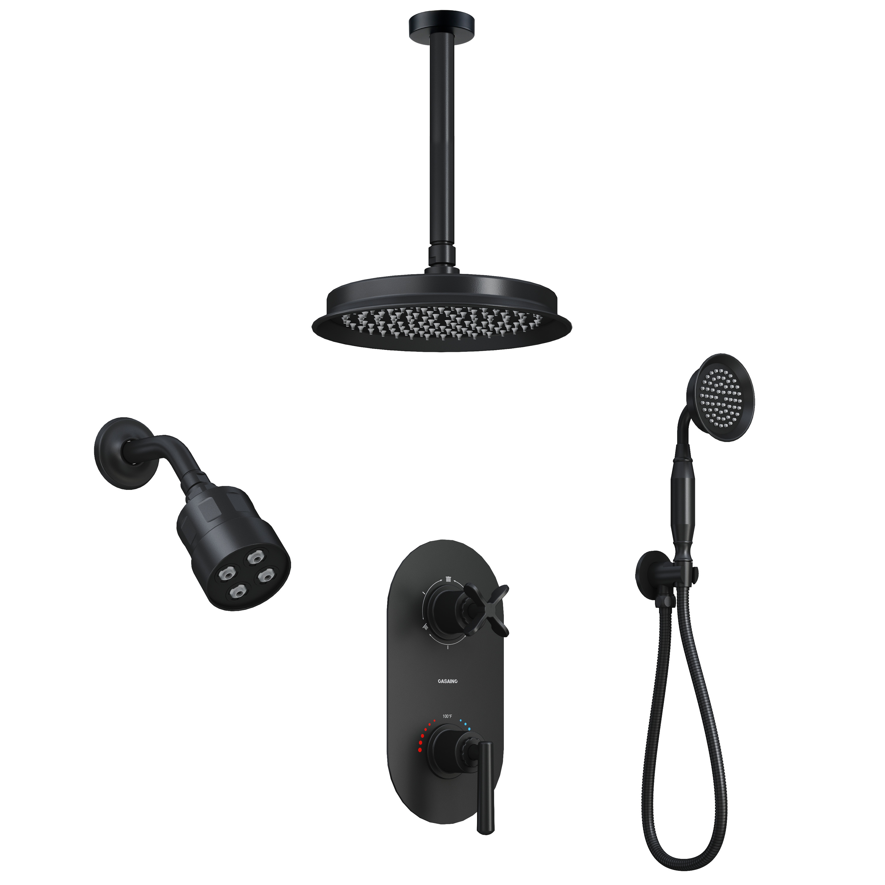 9"+4" Rainfall Thermostatic Concealed 3-Function Shower System with Handheld