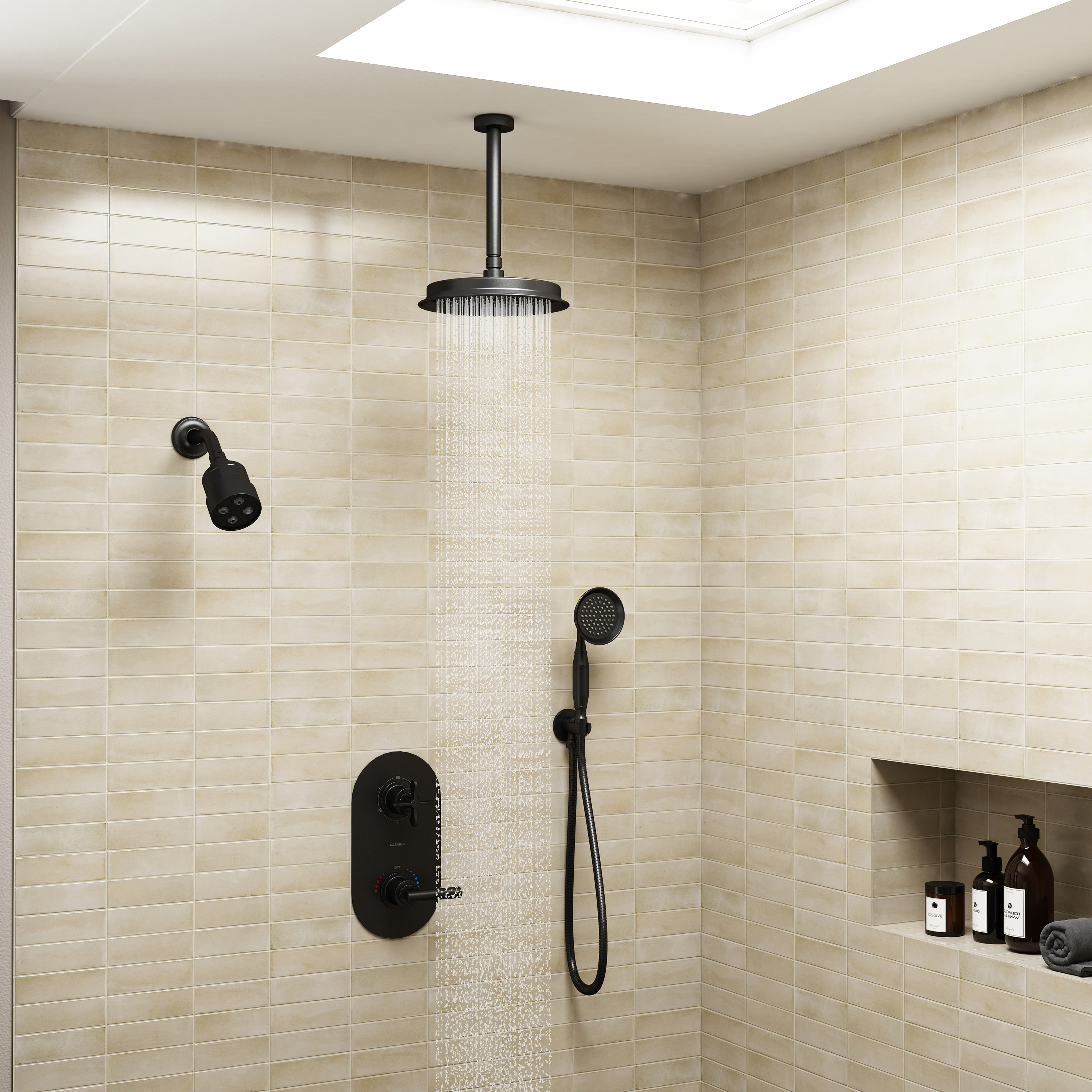 9"+4" Rainfall Thermostatic Concealed 3-Function Shower System with Handheld