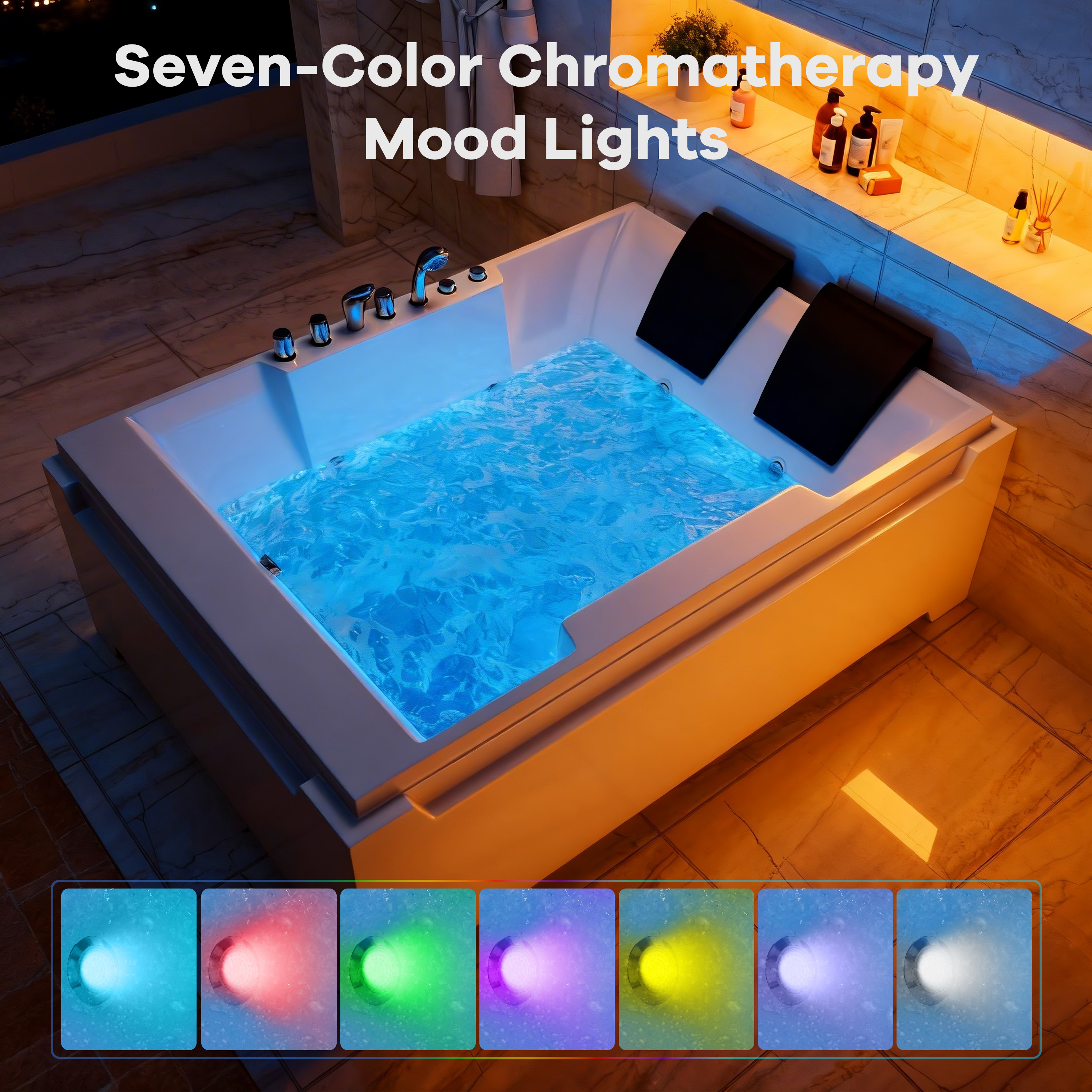 73" Two-Person Whirlpool Tub with Hydro Massage Jets & Chromatherapy Lighting