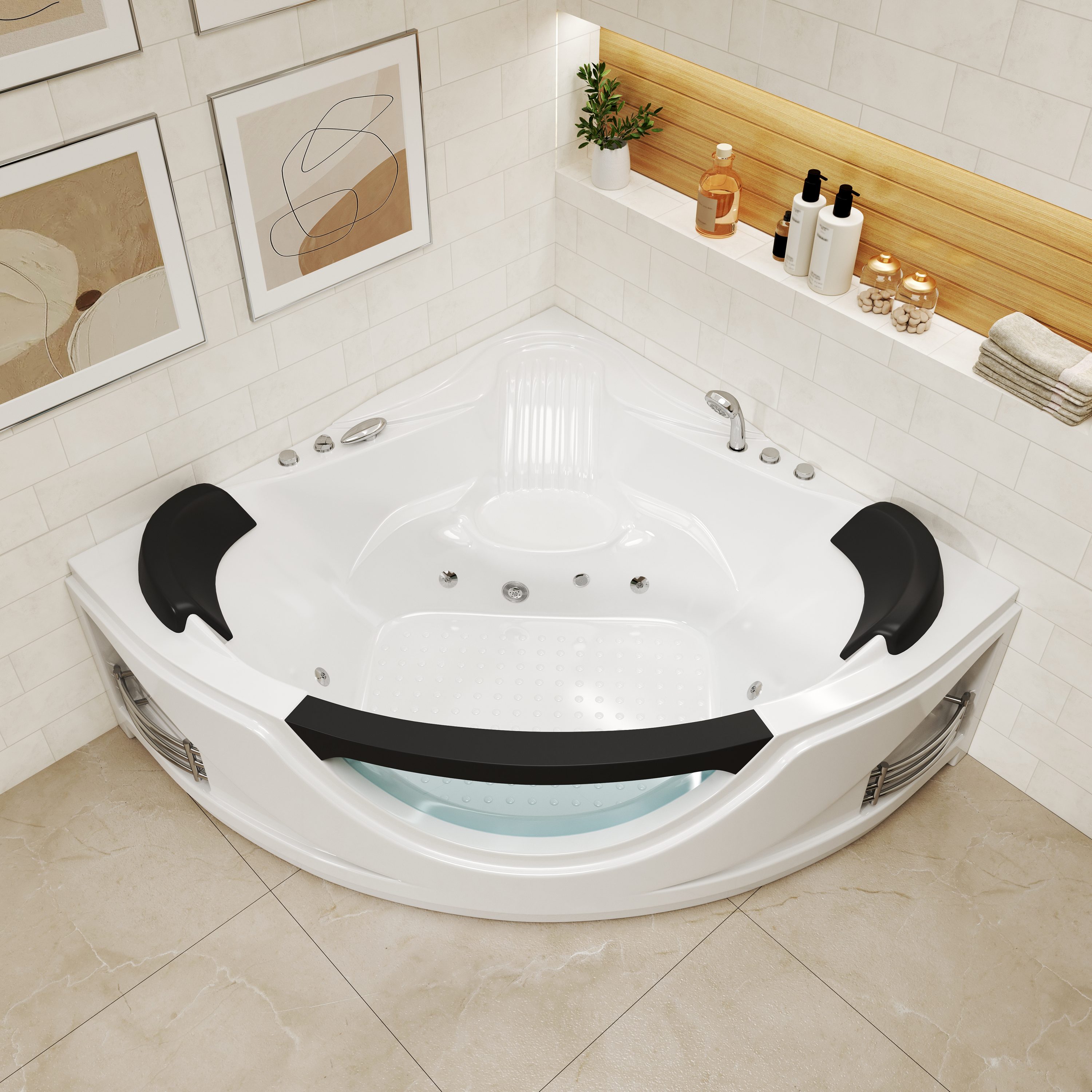 59" Corner Whirlpool Massage Bathtub for 2 Persons with Hydrotherapy Jets & LED Mood Lighting