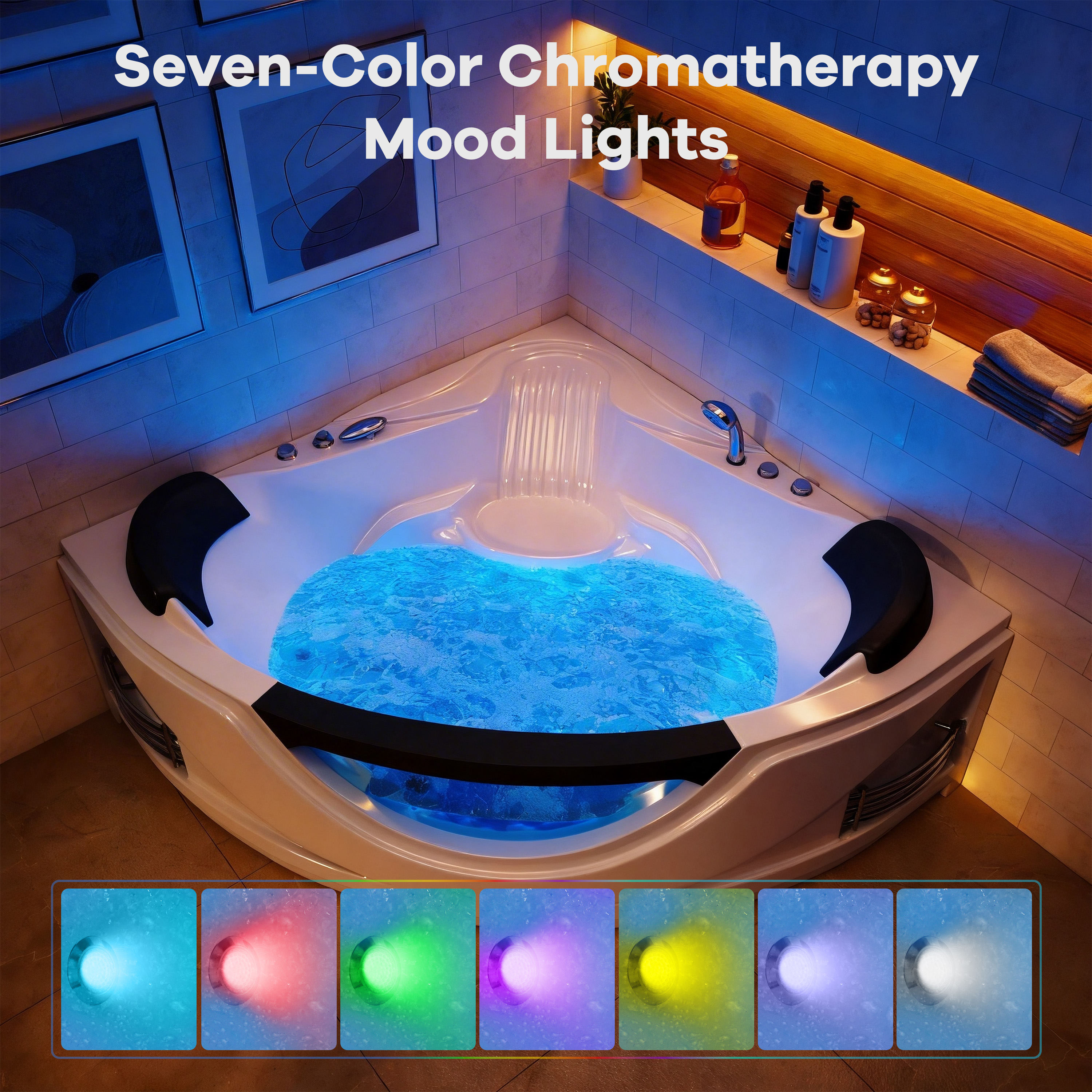 59" Corner Whirlpool Massage Bathtub for 2 Persons with Hydrotherapy Jets & LED Mood Lighting