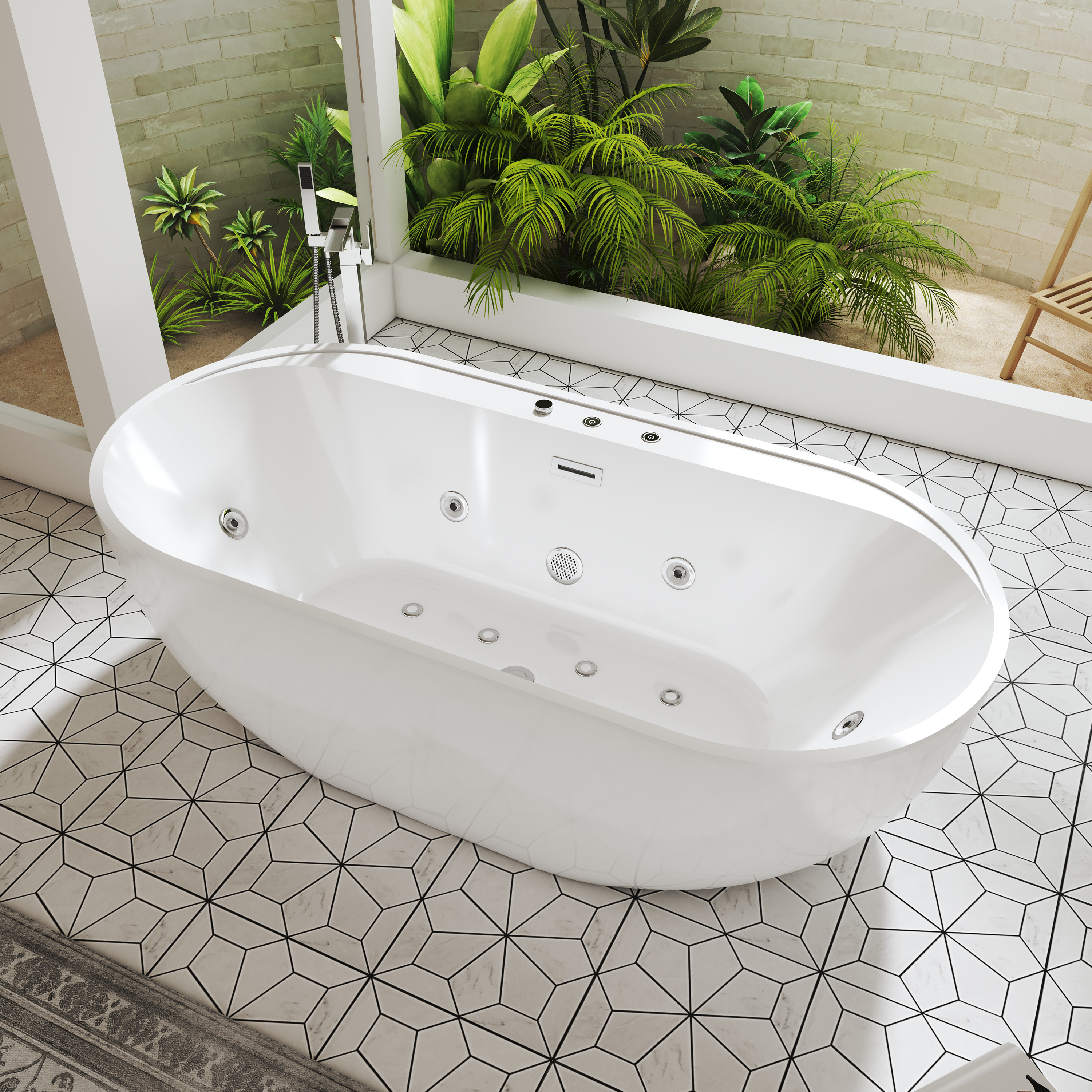 67" Whirlpool and Air Massage Bathtub with Adjustable Air Blower, 6 Hydro Jets & 8 Bubble Jets