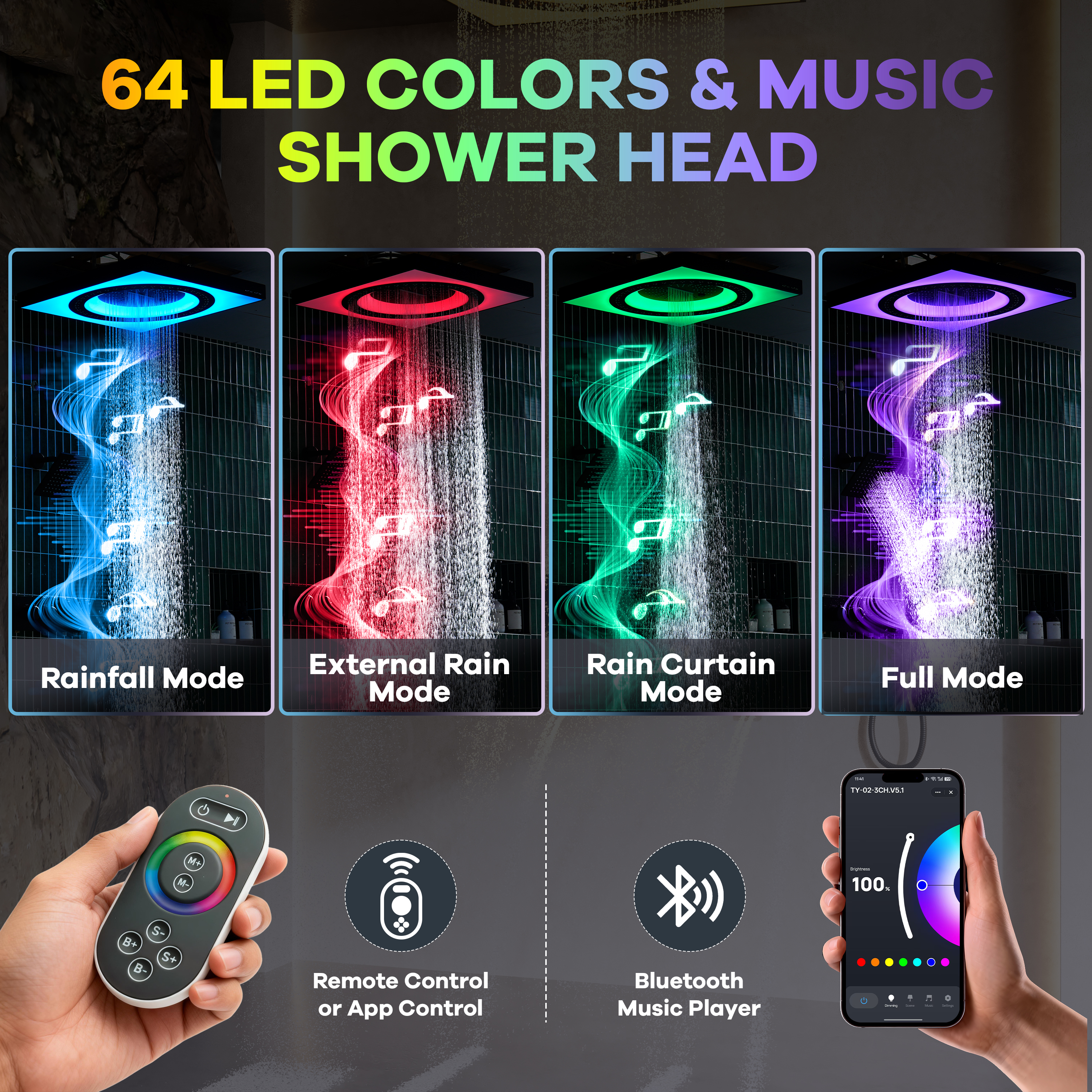 24-inch 6-Function Thermostatic Shower System with LED Light & Body Jet & Slide Bar