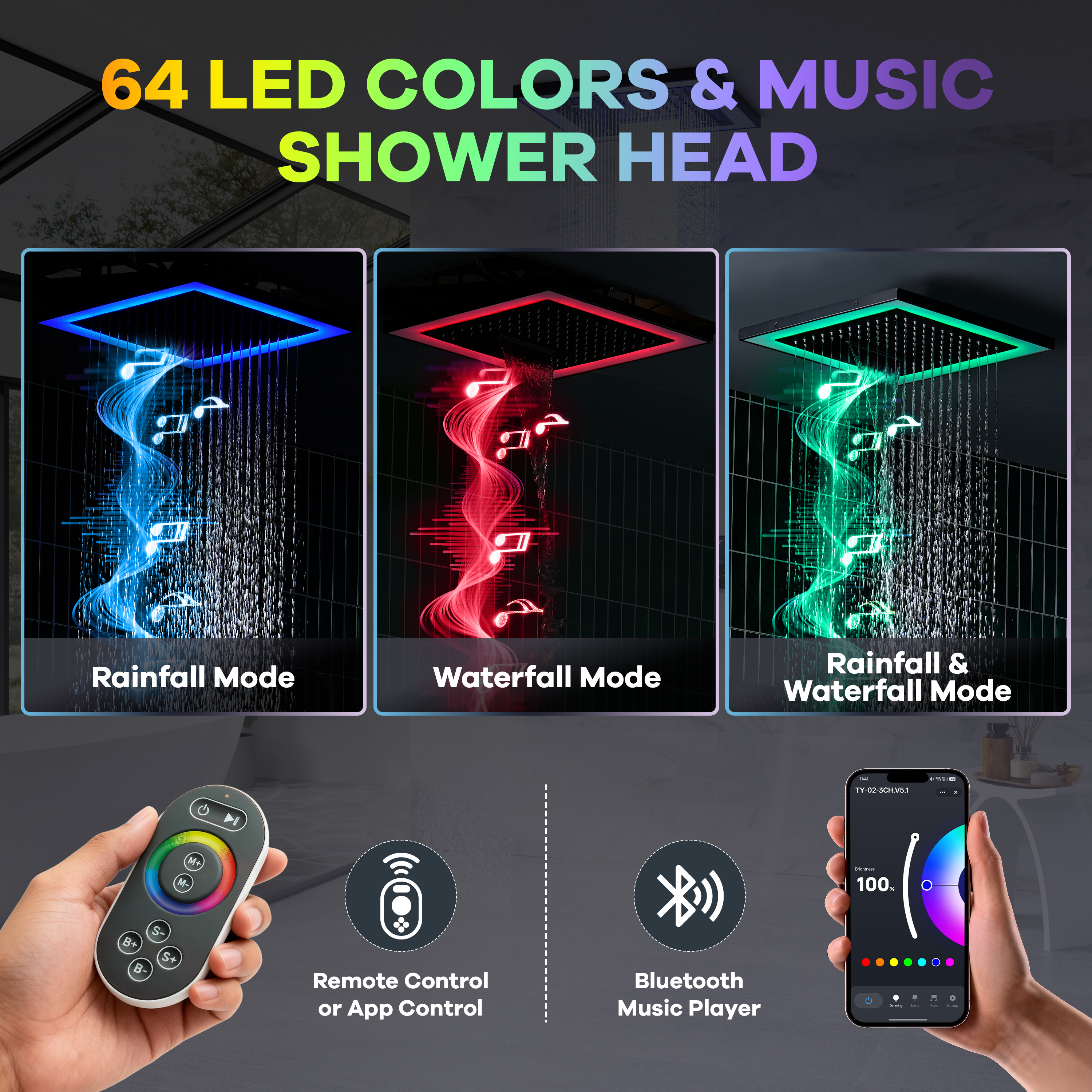 16-Inch Four-Function Luxury Thermostatic Shower System with LED Lights