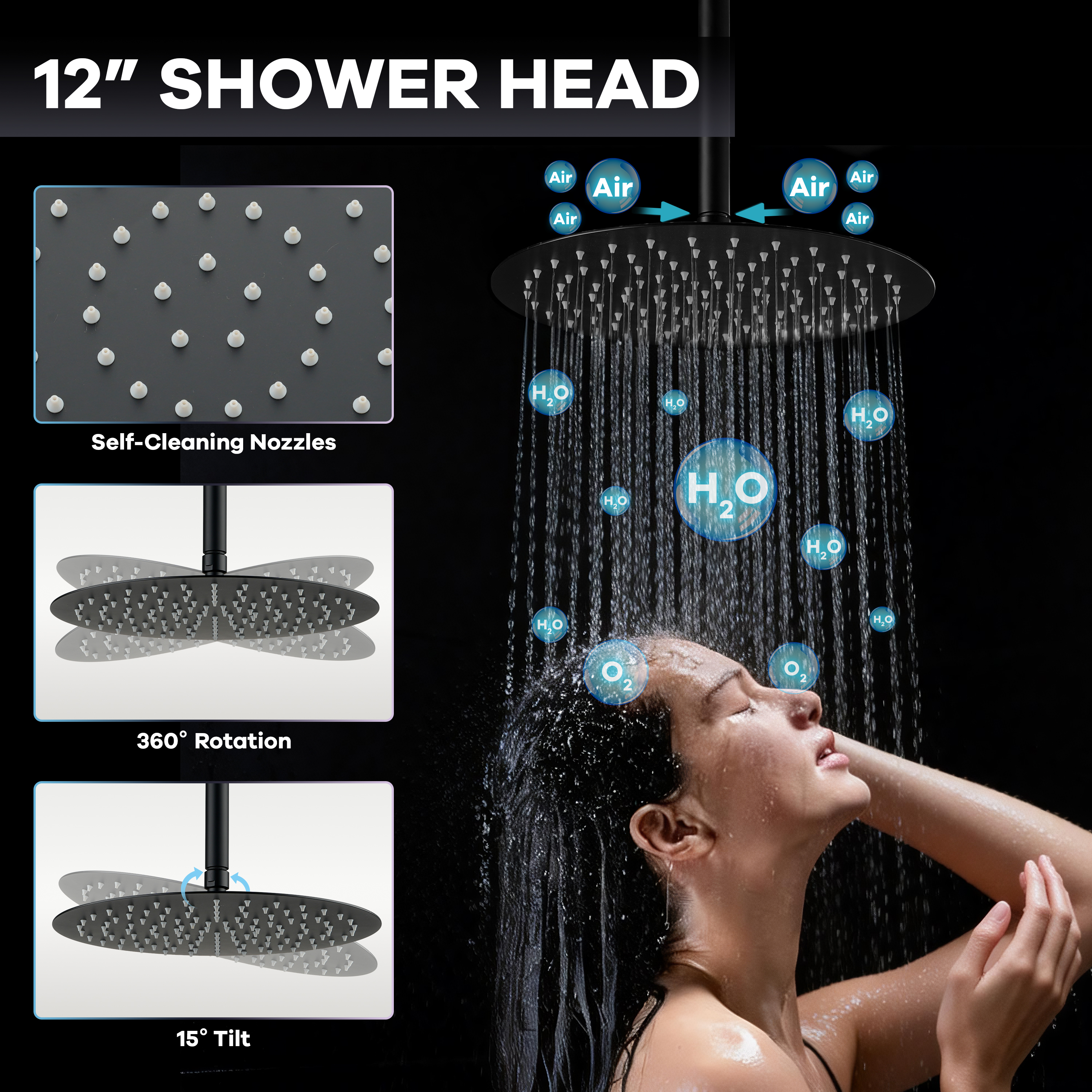 12-inch 4-Function Thermostatic Shower System with Digital Display & Body Jet
