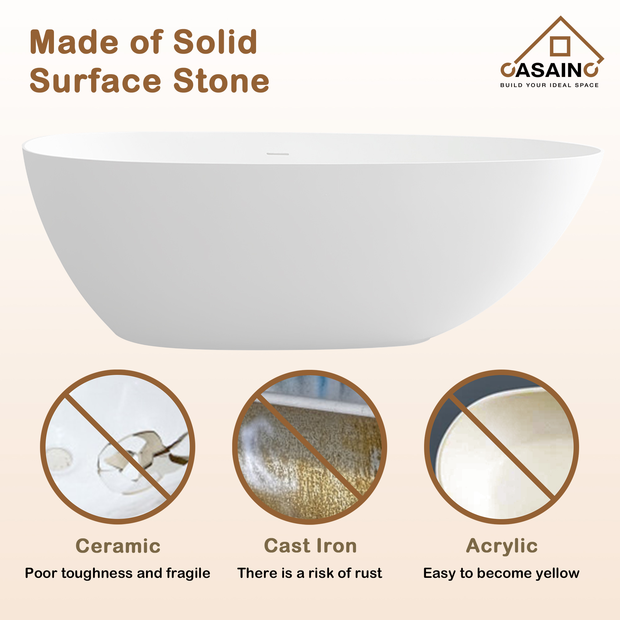 CASAINC 59/63/67/71" Solid Surface Freestanding Bathtub, Egg Shell Shaped Stone Resin Freestanding Tubs, Contemporary Oval Soaking Tub with Overflow and  Drain, Matte White