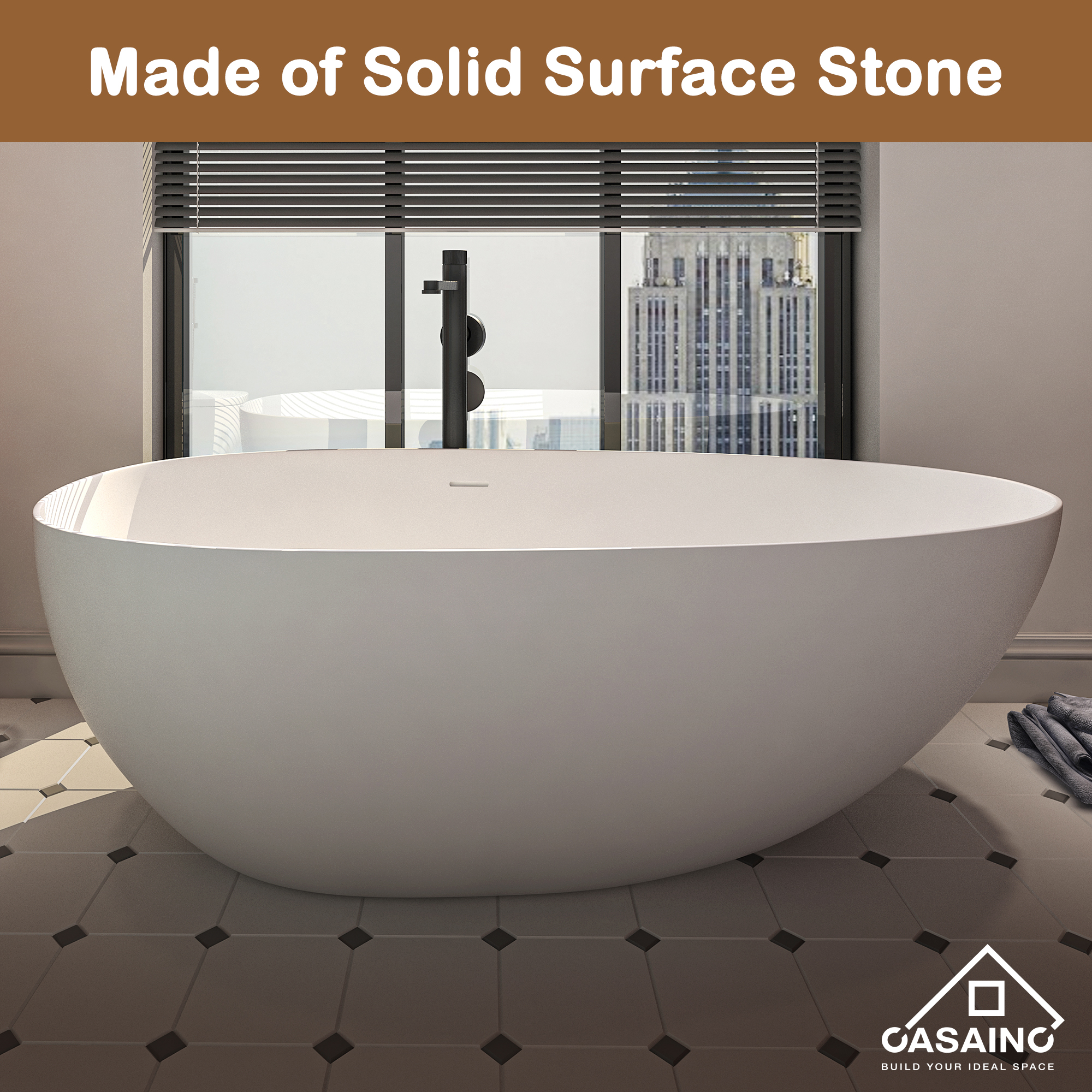 CASAINC 59/63/67/71" Solid Surface Freestanding Bathtub, Egg Shell Shaped Stone Resin Freestanding Tubs, Contemporary Oval Soaking Tub with Overflow and  Drain, Matte White