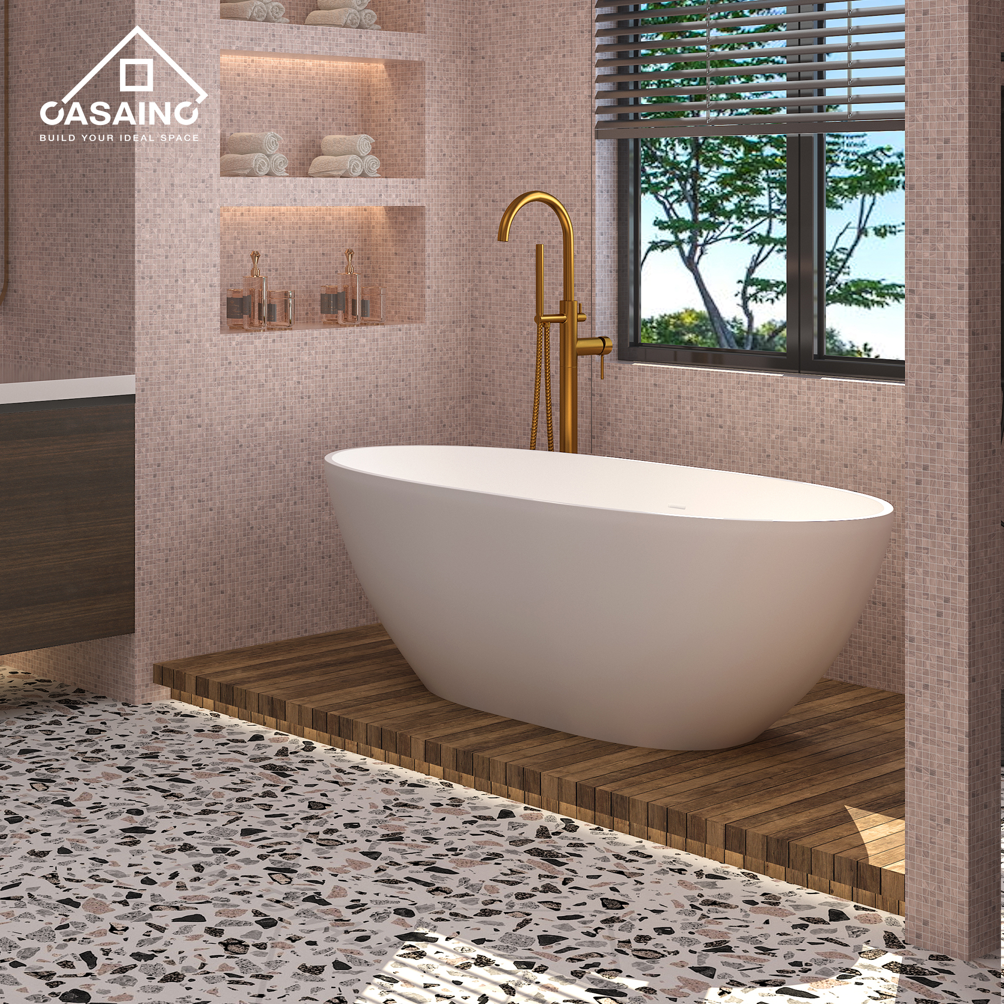 55 inches  Solid Surface Free-Standing Bathtub with Center  Drain in Matte White